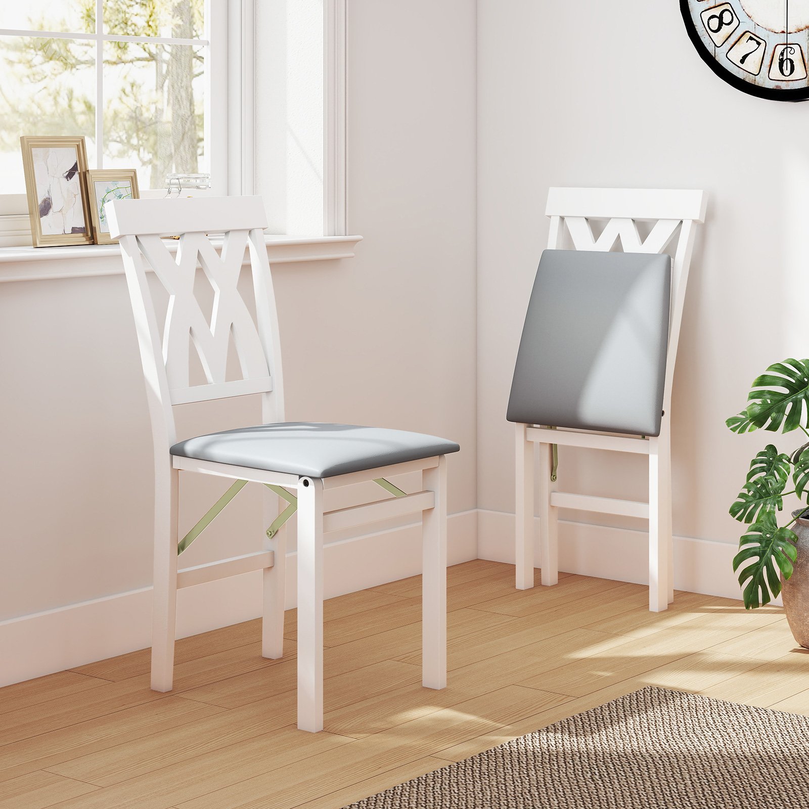2er Set Esszimmerstühle Klappbarer Küchenstuhl mit Gepolsterter Sitz Klappstuhl Beistellstuh Weiß