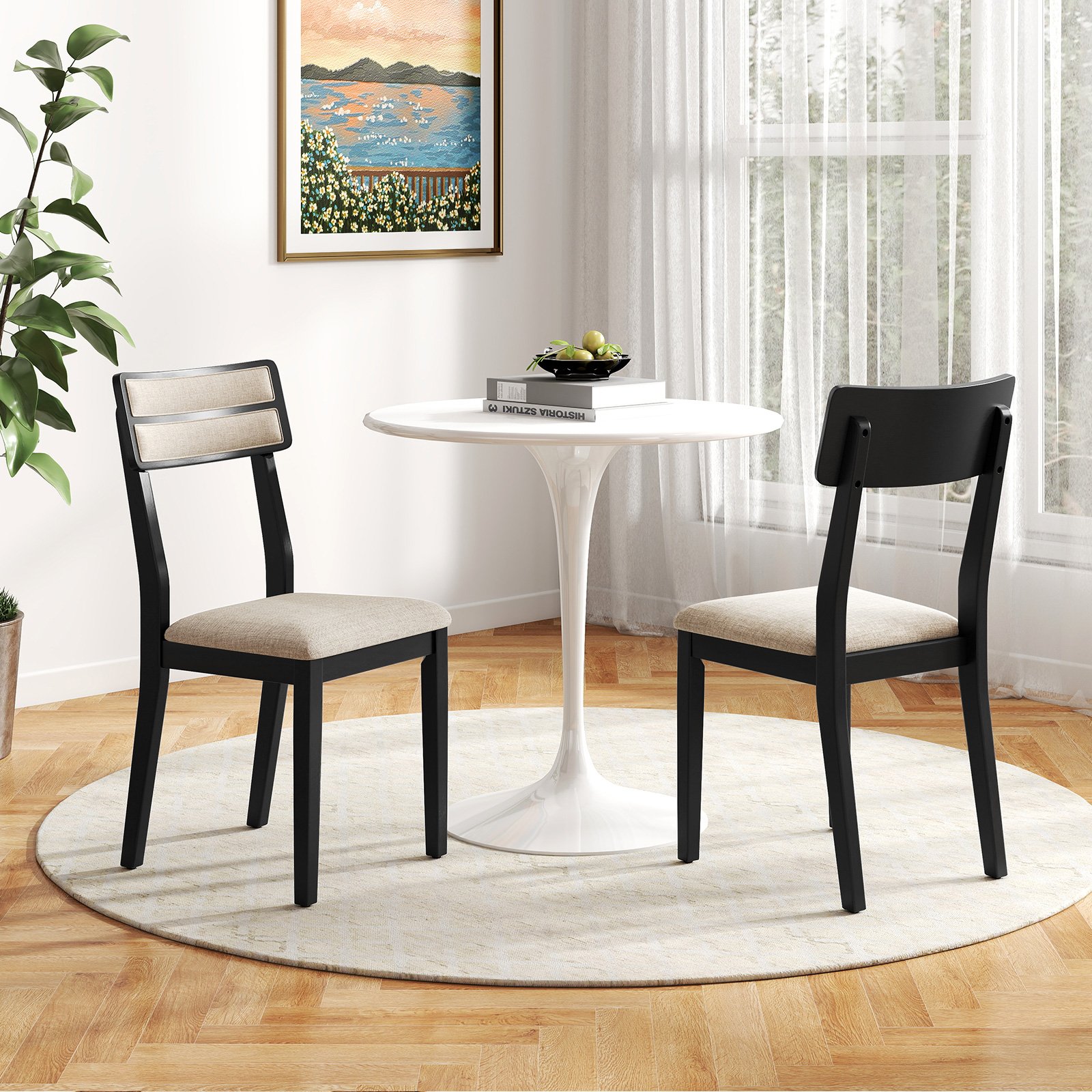 2er Set Esszimmerstühle mit Gepolstertem Sitz & Gummibaumholzbeinen Küchenstühle Essstuhl Schwarz