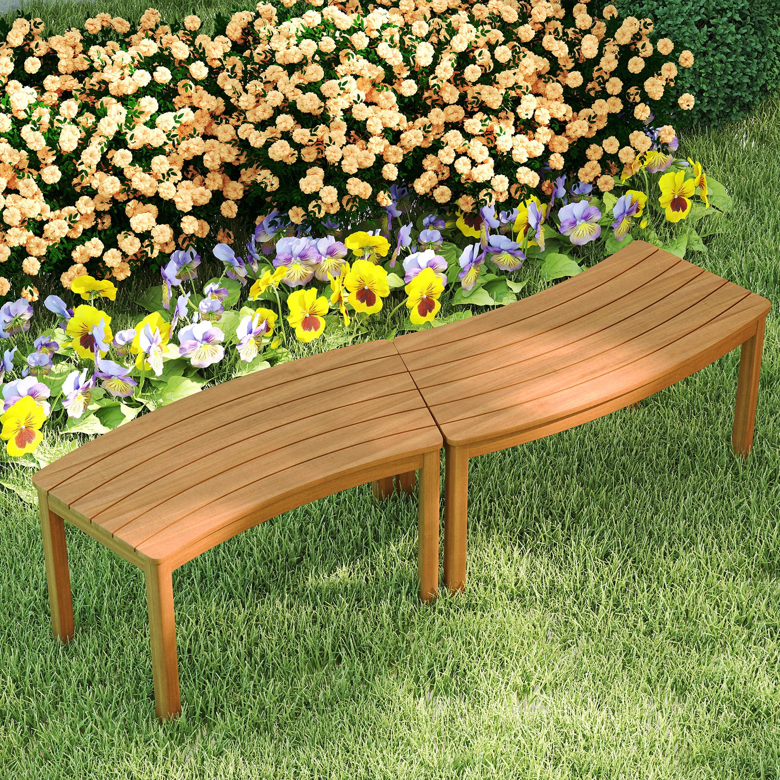 2er Set Holz Gartenbank ohne Rückenlehne Sitzbank Gebogene Holzbank Parkbank Natur