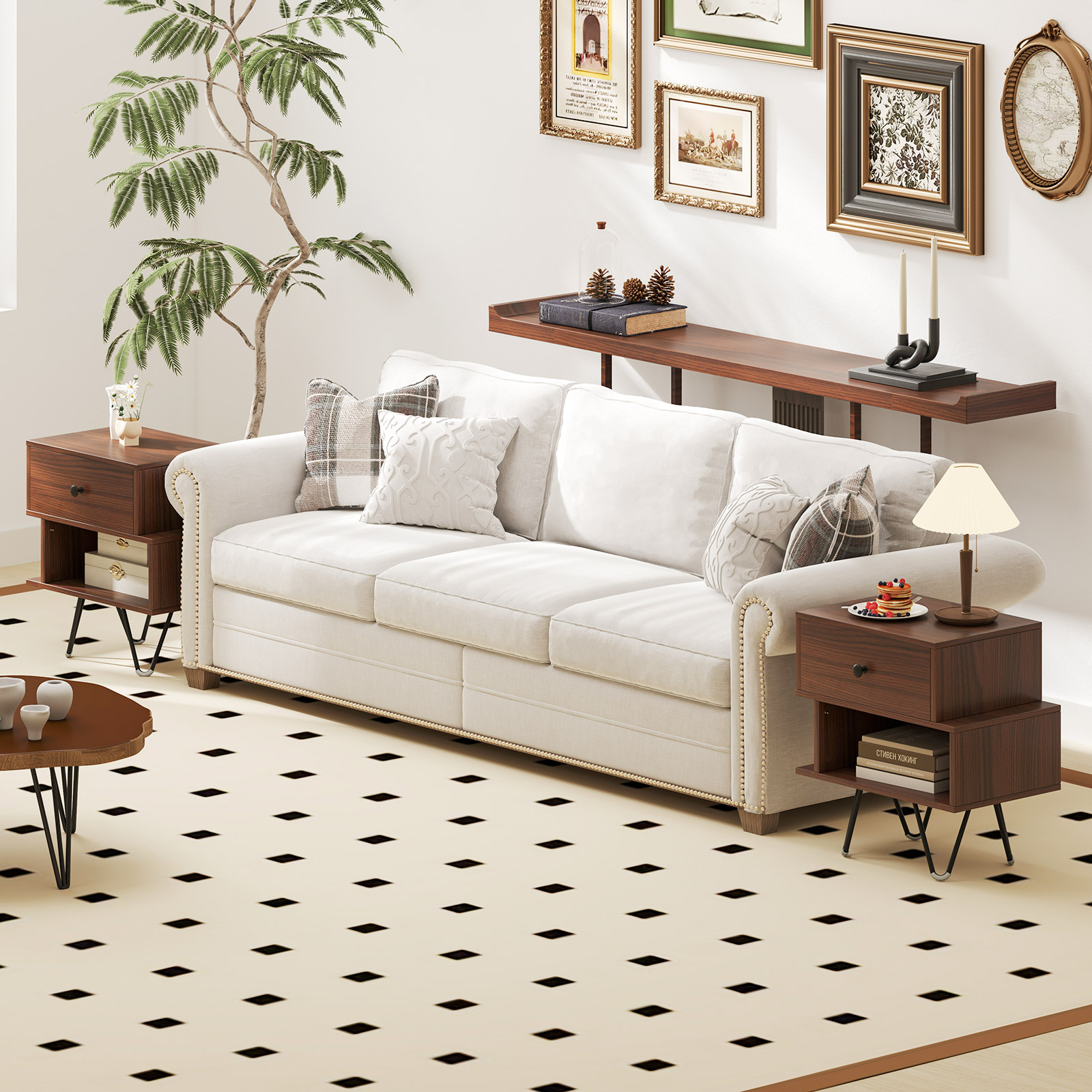 2er Set Nachttisch mit Abnehmbarer Schublade & Offenem Fach Mid-Century Sofatisch Braun