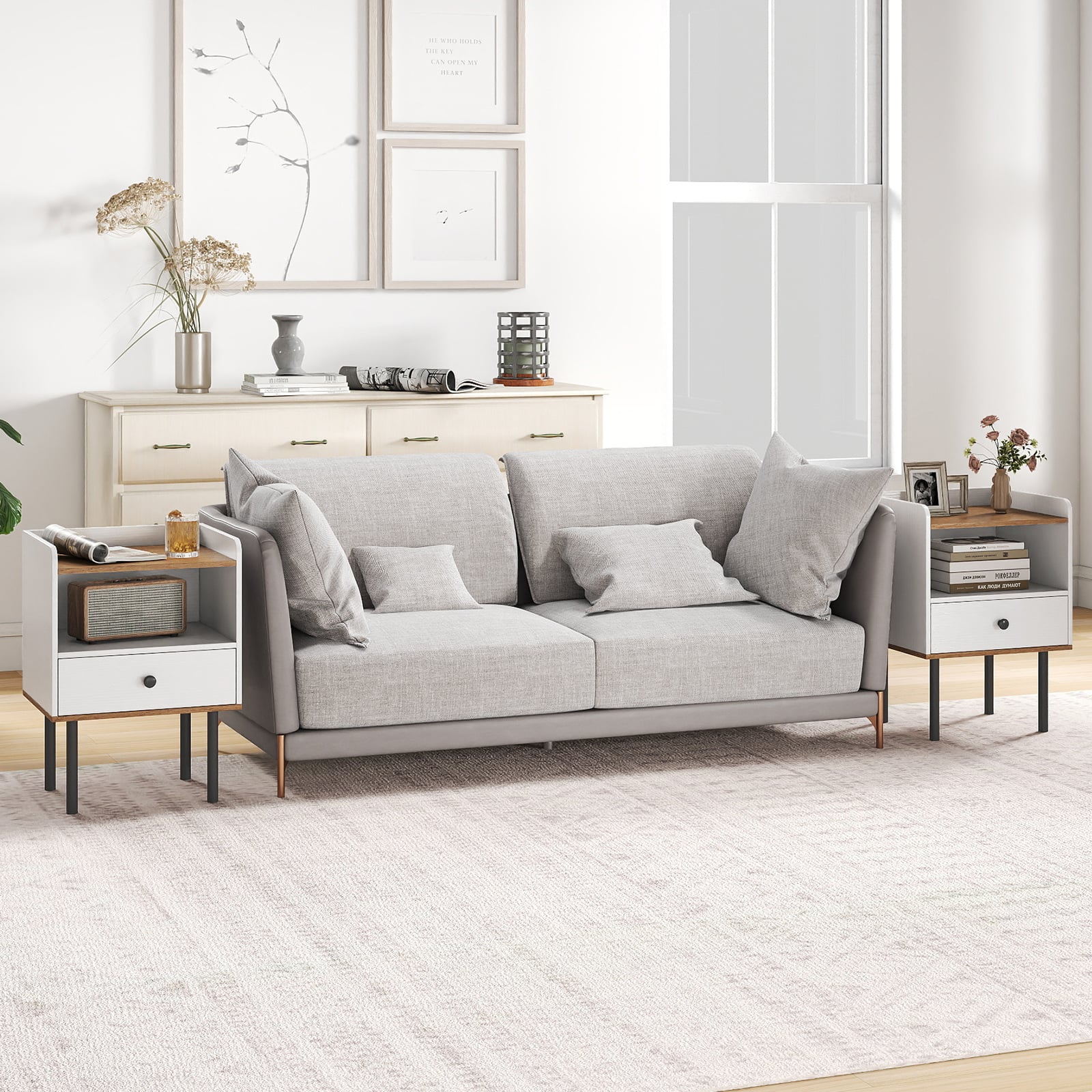 2er Set Nachttisch Nachttisch mit Schublade & offenem Ablagefach moderner Sofatisch mit Metallbeinen Weiß