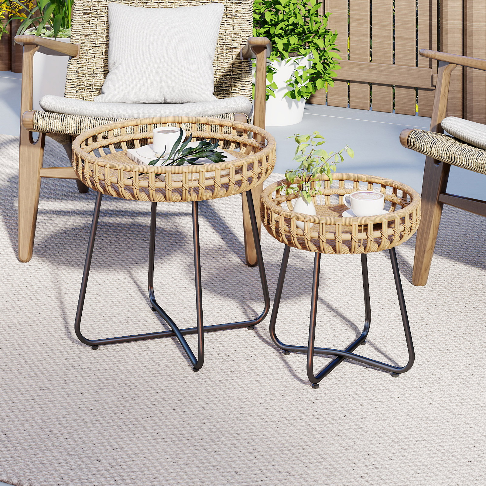 2er Set Rund Beistelltisch mit Metallrahmen & Verstellbaren Füßen Outdoor Rattan Gartentisch