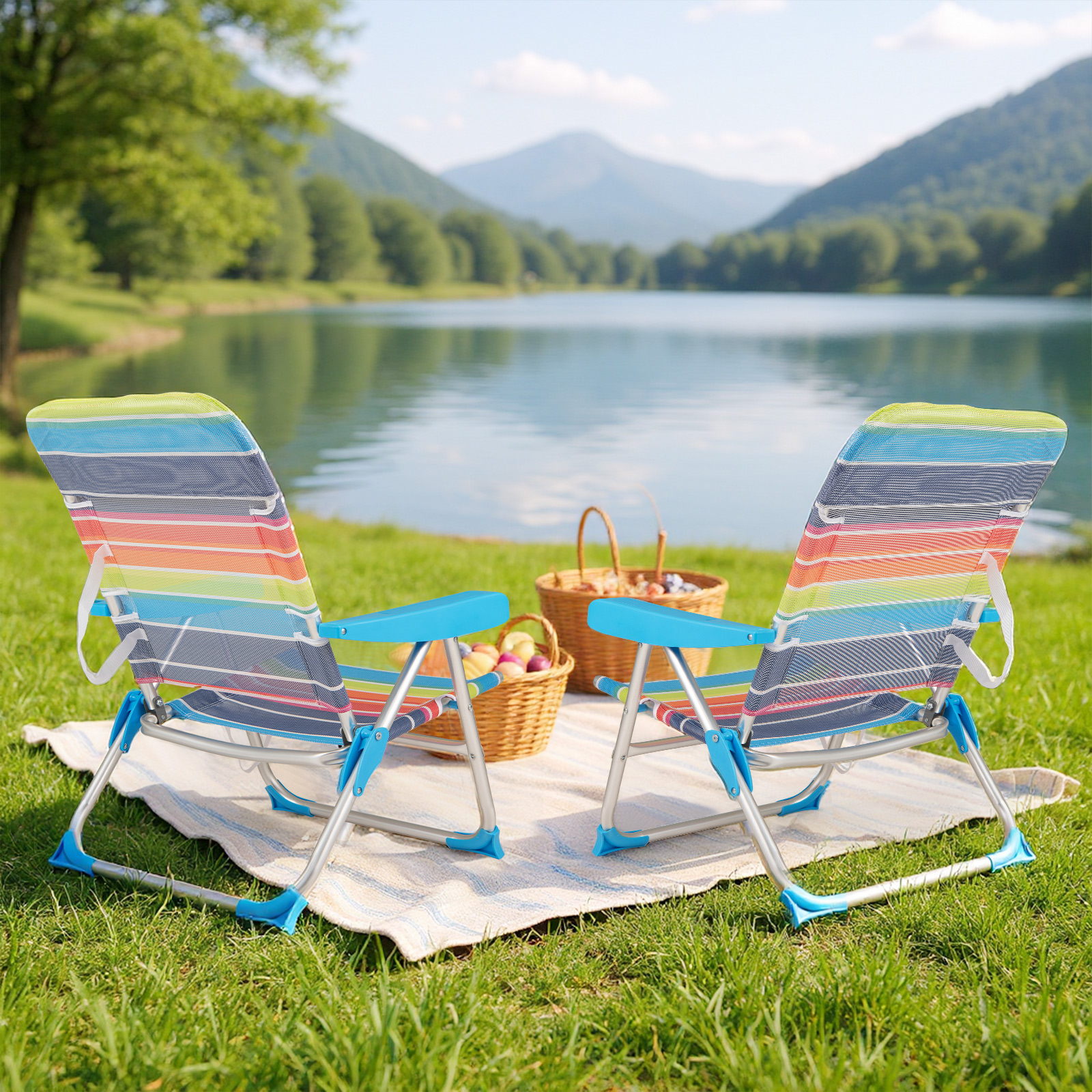 2er Set Strandstuhl faltbarer Picknickstuhl mit 5 Positionen verstellbarer Rückenlehne mit Armlehnen Bunt