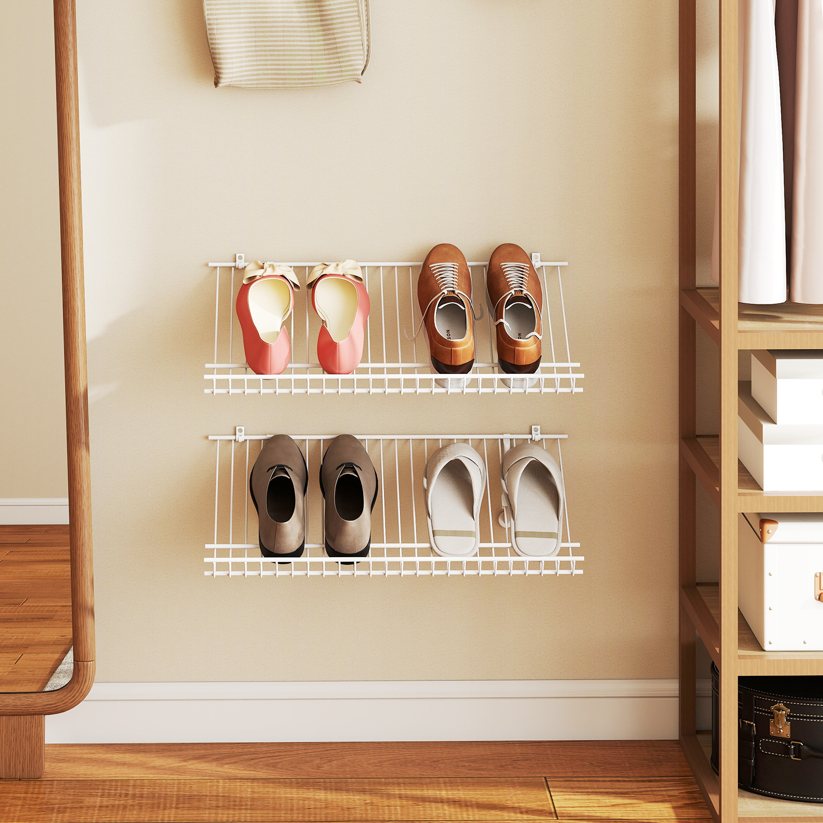 2er Set Wandmontage Schuhregale Metall-Draht Lagerorganisator Set Anpassbare Schrankregal