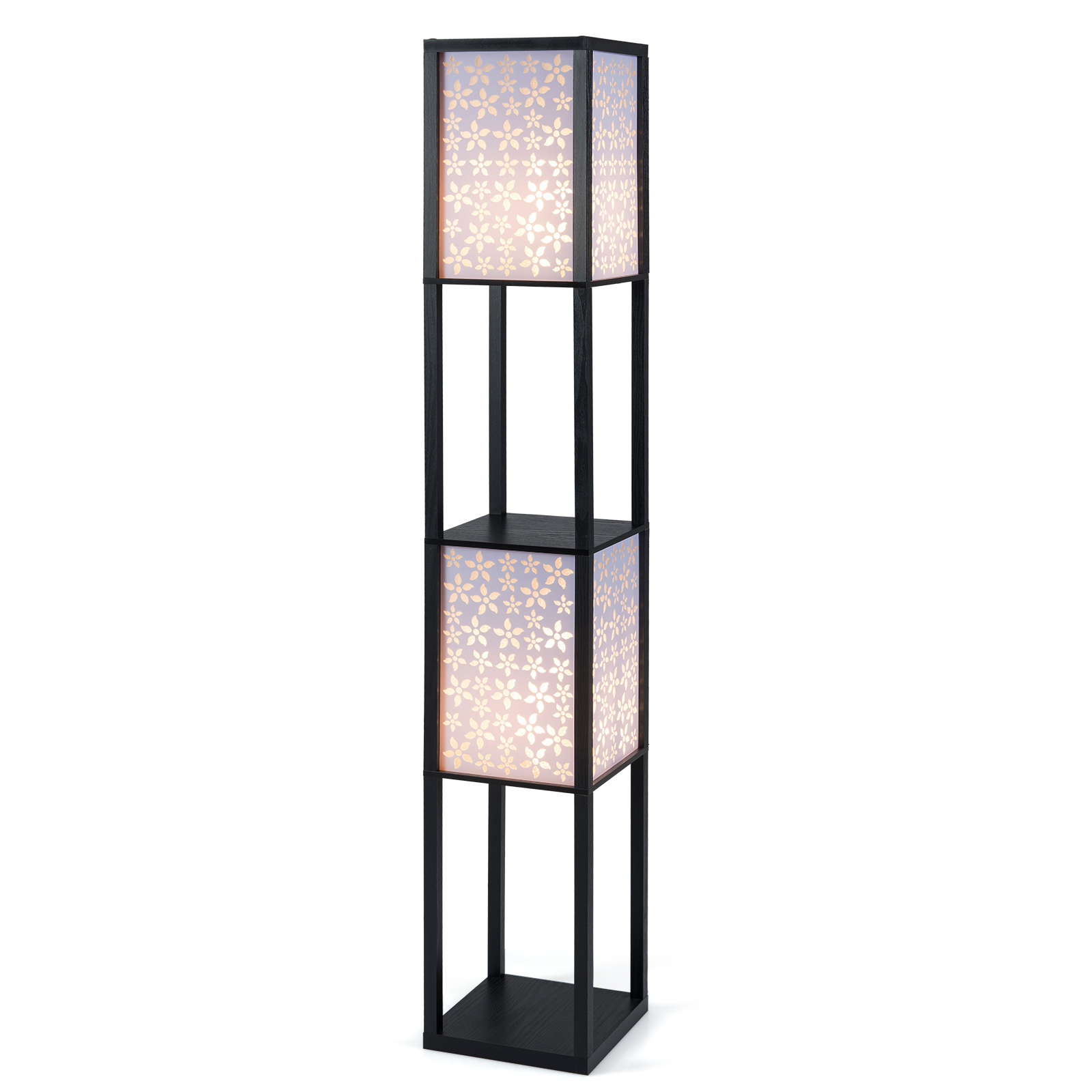2-Flammige Stehleuchte mit 2 Regalen Stehlampe mit 2 ausgeschnittenen Muster-Lampenschirmen Blumen