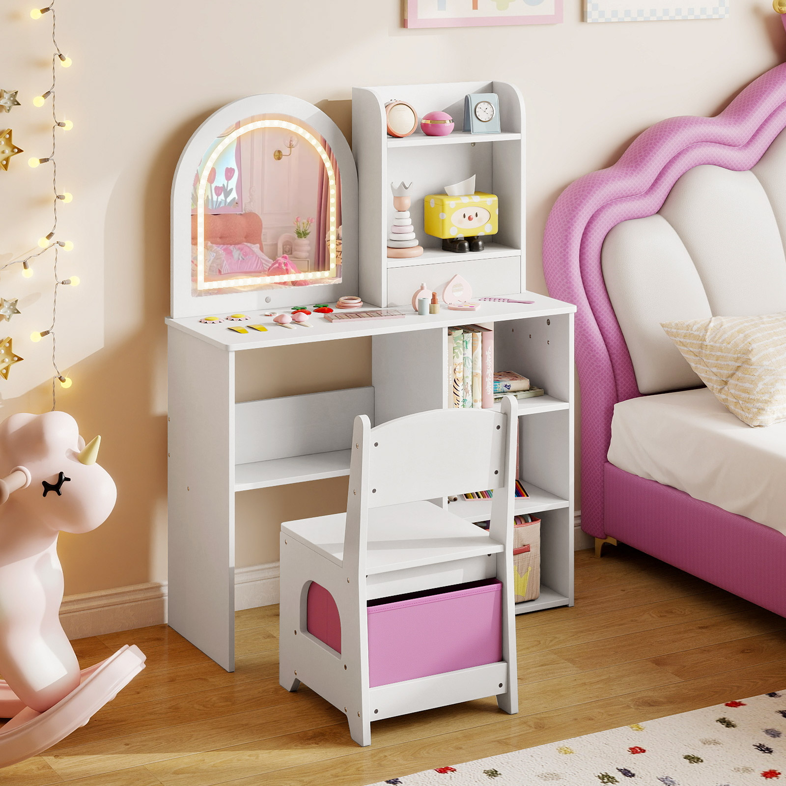 2 in 1 Kinder Schminktisch mit Beleuchtung Holz Frisiertisch mit Schubladen & Zubehör Weiß