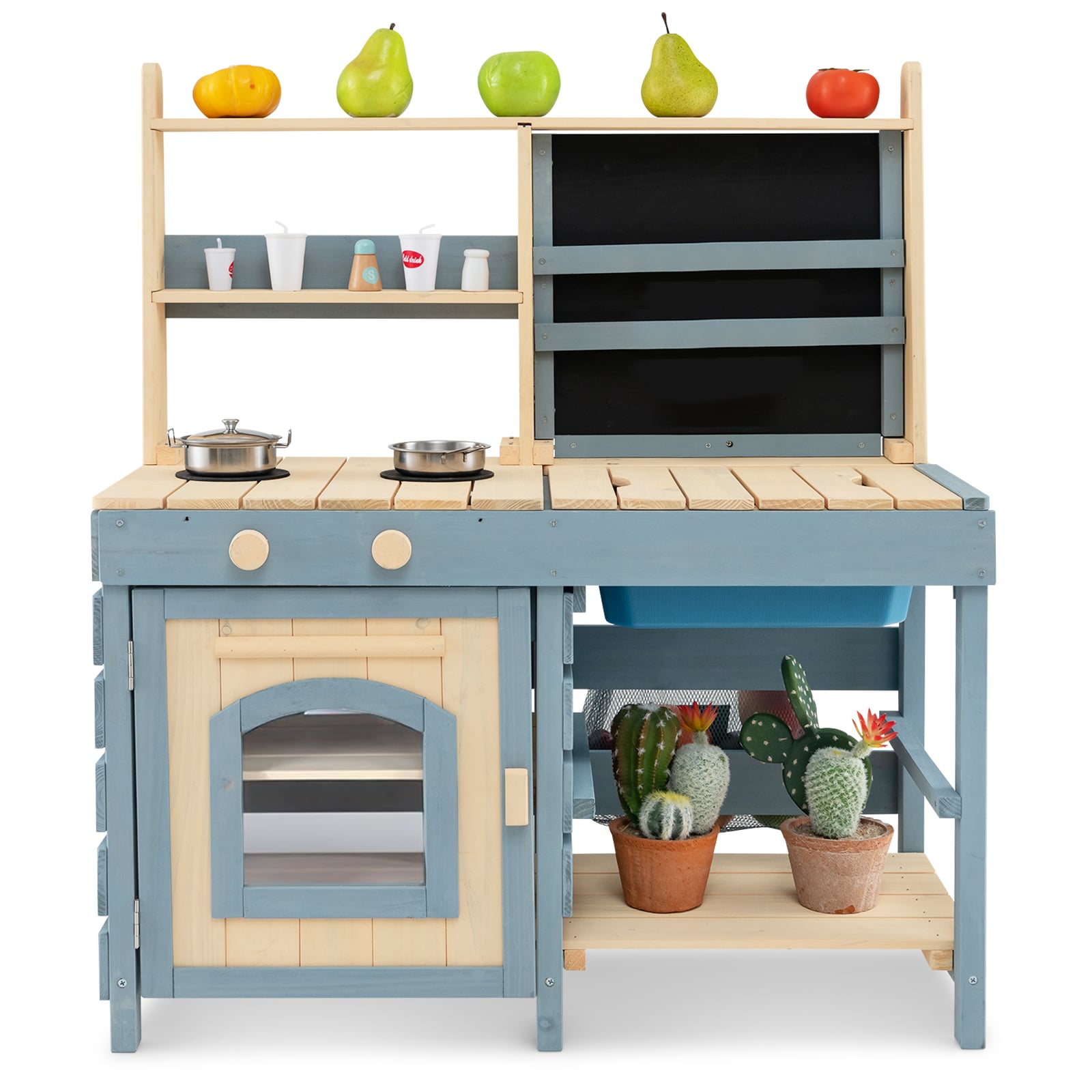 2 in 1 Outdoor Matschküche mit Wasserhahn & Abnehmbarem Waschbecken Kinderküche Blau