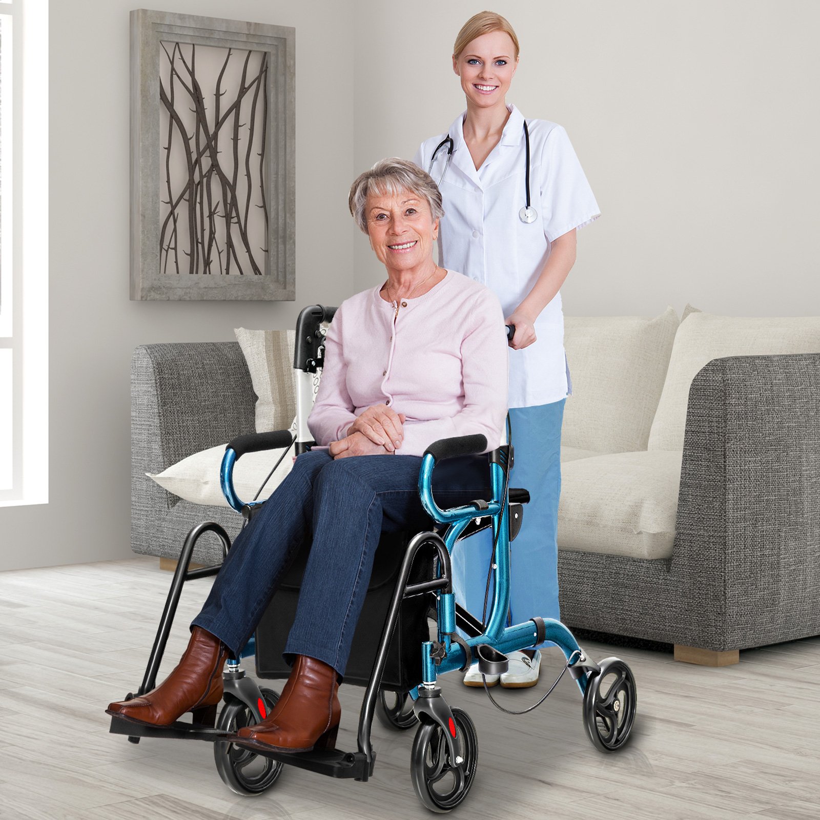 2-in-1-Rollator für Senioren klappbare medizinische Gehhilfe mit Sitz umkehrbarer Rückenlehne Blau