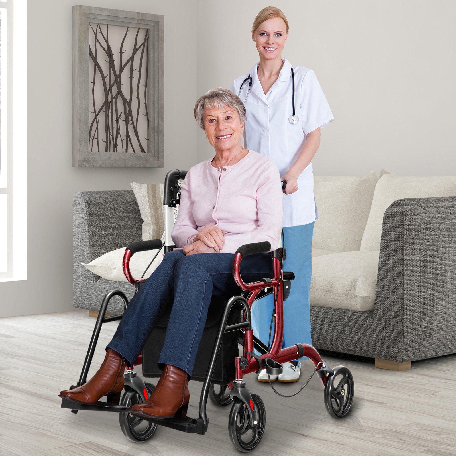 2-in-1-Rollator für Senioren klappbare medizinische Gehhilfe mit Sitz umkehrbarer Rückenlehne Rot