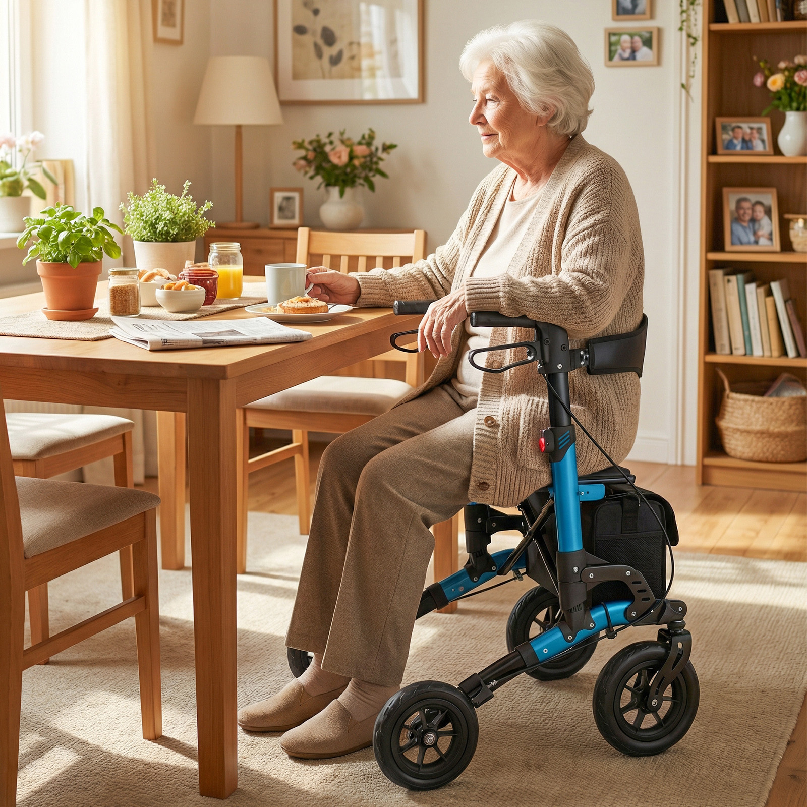 2 in 1 Rollstuhl & Reiserollator mit Sitz bis 136 kg Faltbarer Rollator Aluminium Gehhilfe Blau