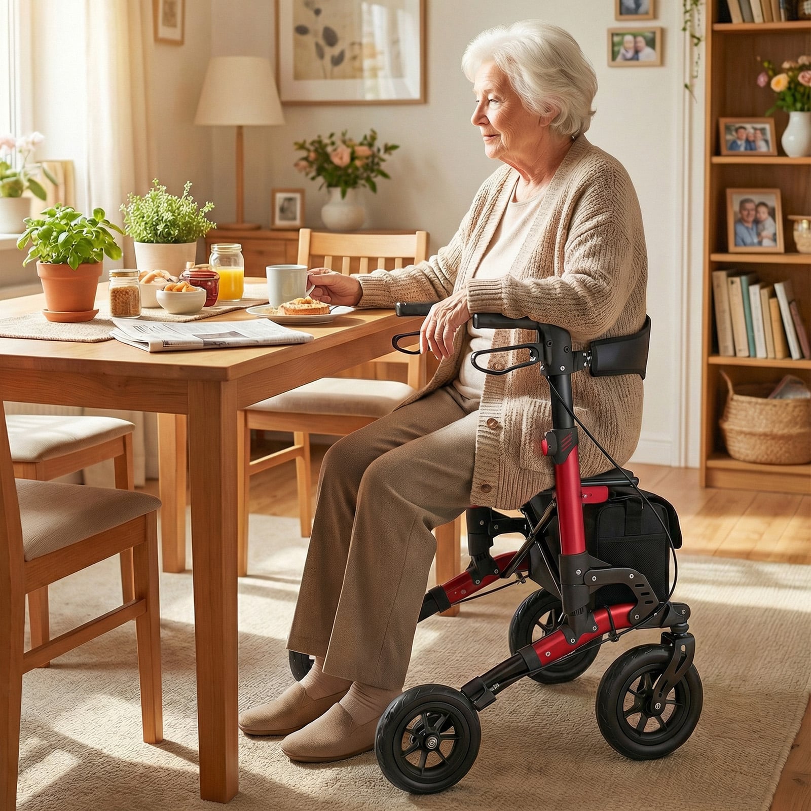 2 in 1 Rollstuhl & Reiserollator mit Sitz bis 136 kg Faltbarer Rollator Aluminium Gehhilfe Rot