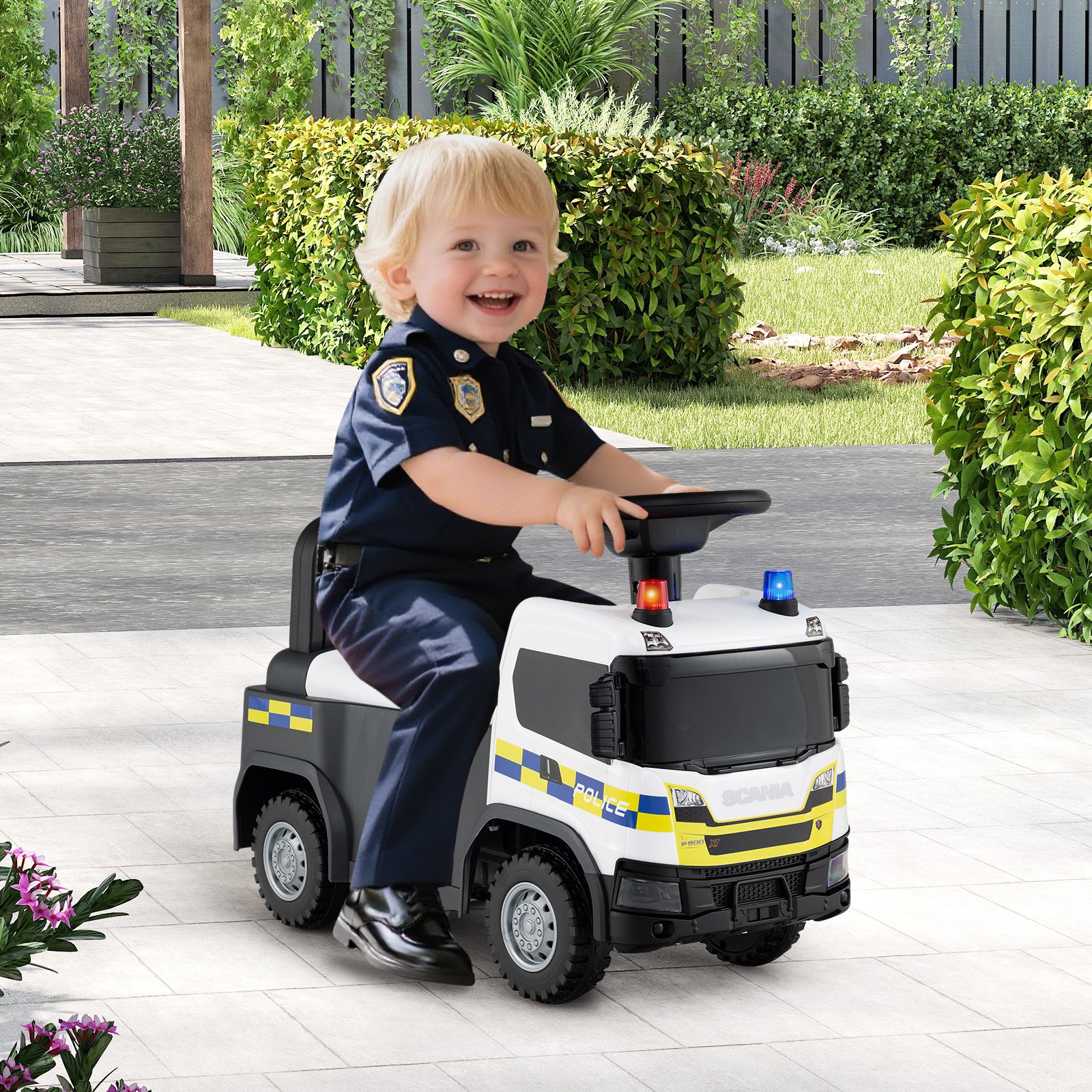 2 in 1 Rutschauto Polizeiauto mit Lenkrad & Stauraum Rutscher Auto Schiebeauto Weiß