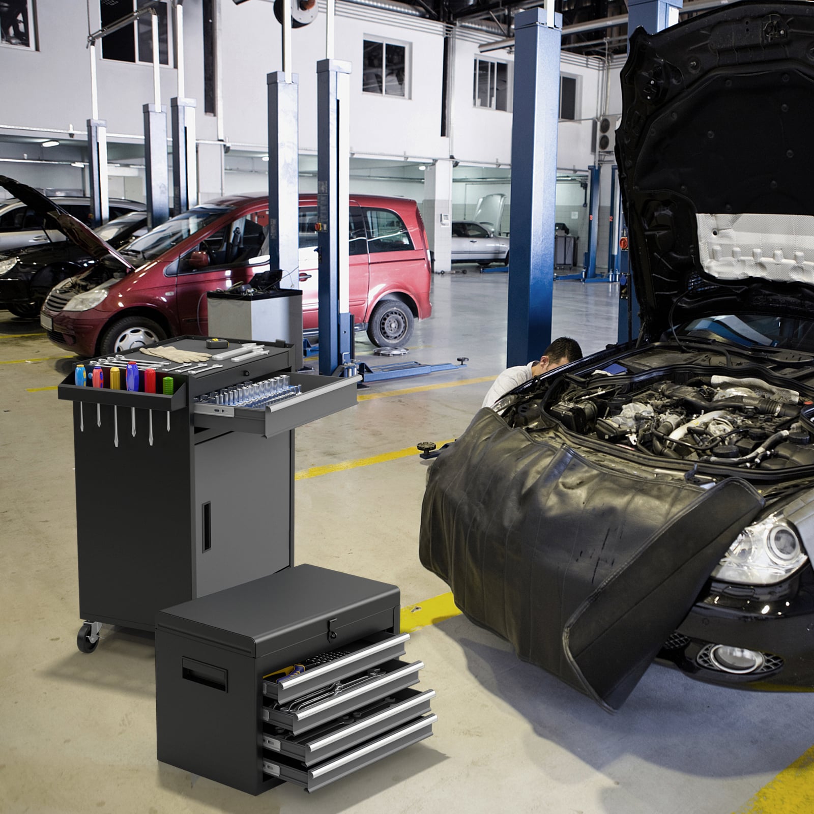 2 in 1 Werkstattwagen mit Koffer & 8 Fächer & Haken & Verstellbarem Regal 100 kg Tragkraft Schwarz + Grau