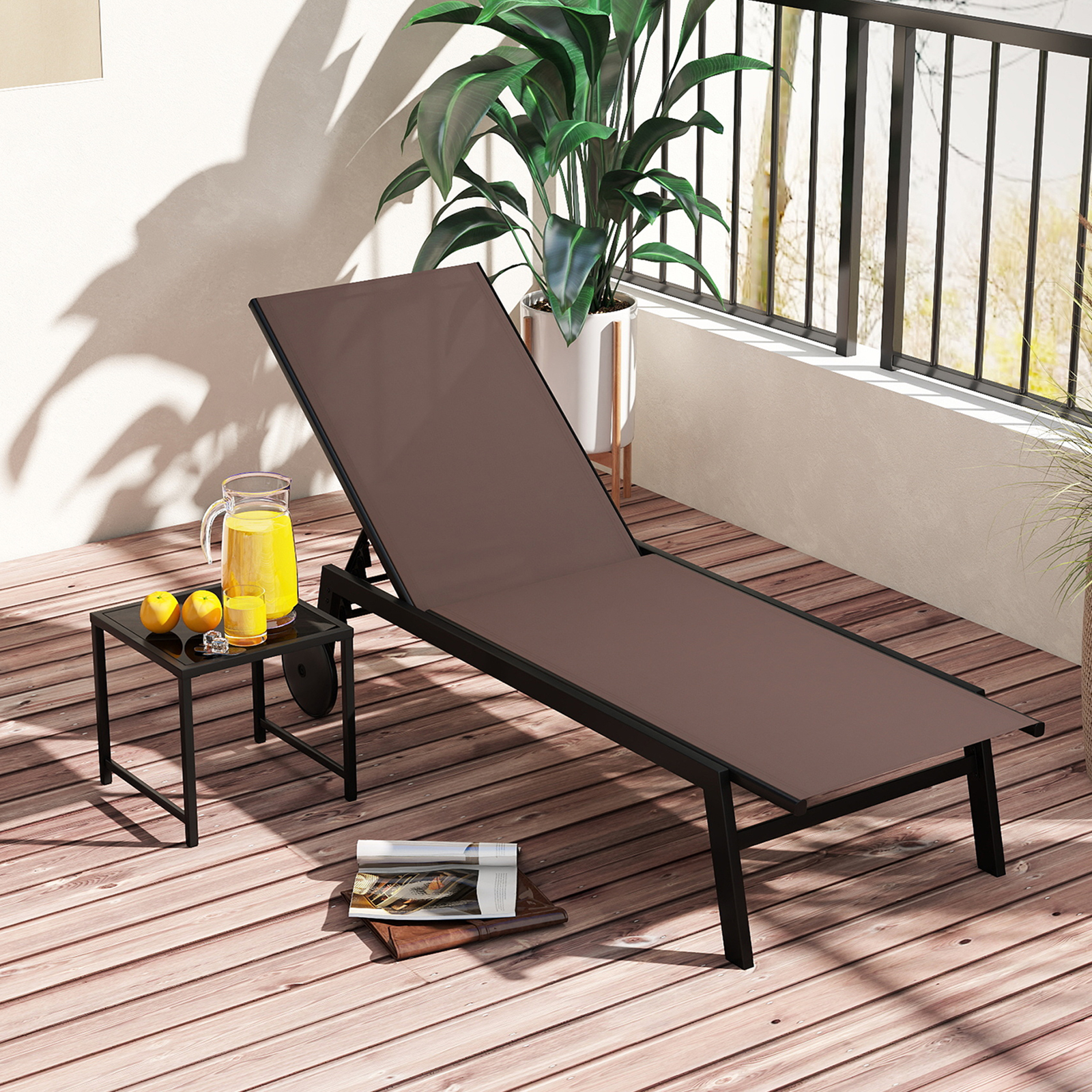 Sonnenliege mit Rollen & Beistelltisch Gartenliege mit Verstellbarer Rückenlehne & Stoff Braun