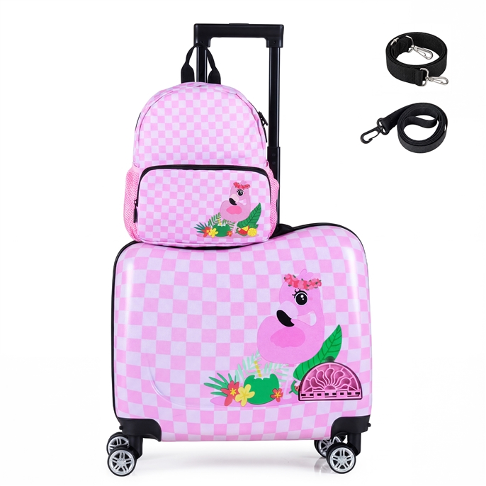 2tlg Kinderkoffer + Rucksack 12'+18' Kindertrolley mit Rollen & wasserdichter Hartschale Rosa (Flamingo)