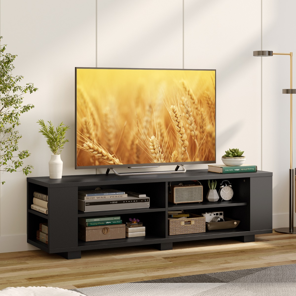 TV-Ständer für Fernseher bis zu 65 Zoll 3-stufige Medienkonsole mit 4 offenen Fächern 4 Seitenschränken & 4 Kabellöchern Schwarz