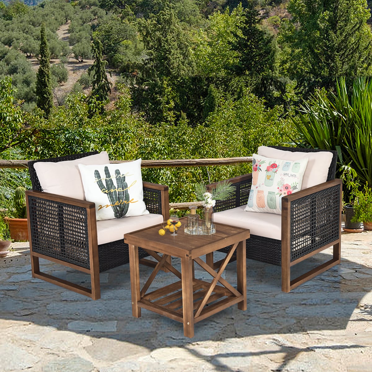 3er Set Rattan Gartenmöbel Polyrattan Lounge Set mit Waschbaren Sitzkissen Outdoor Sitzgarnitur