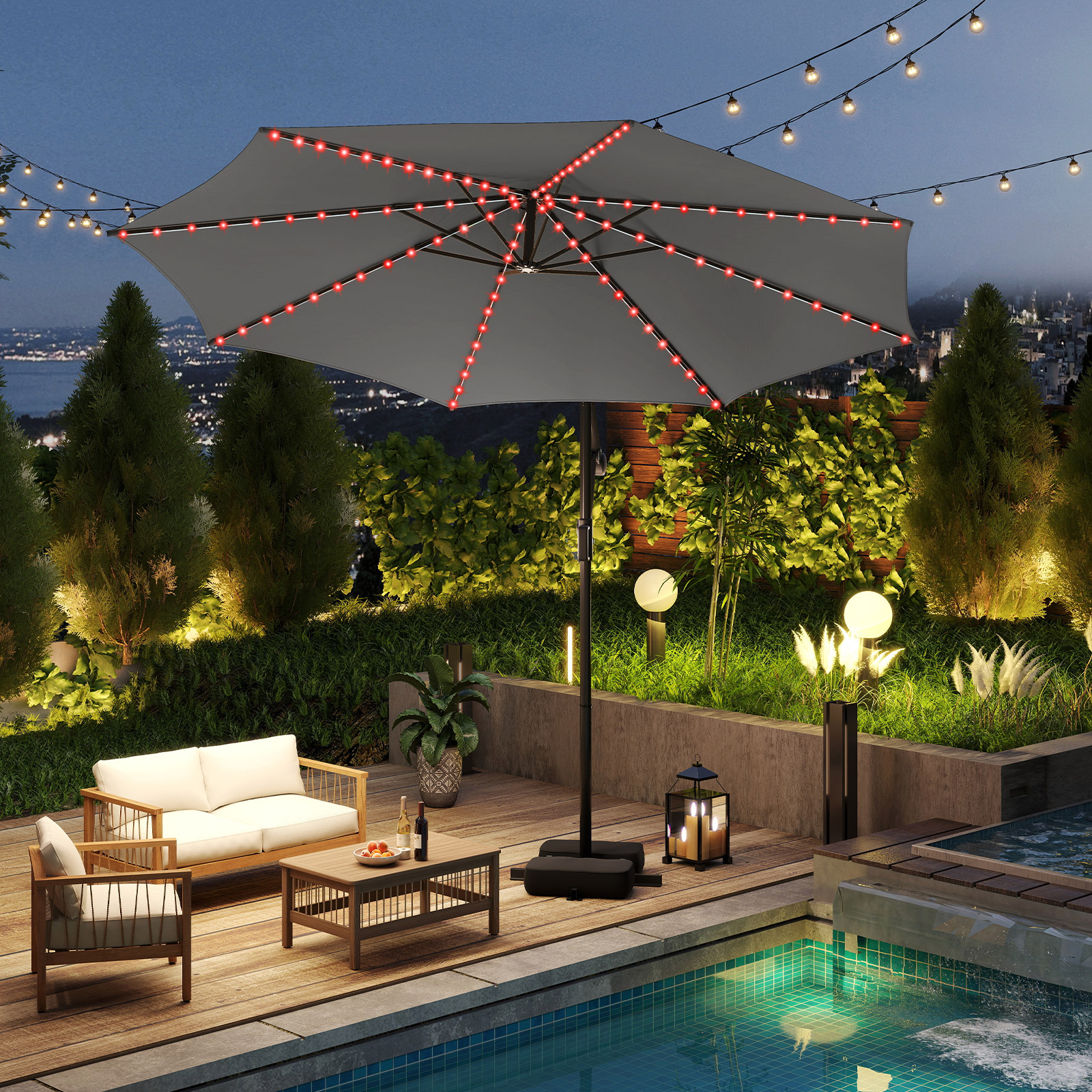 300 cm Sonnenschirm mit LED-Beleuchtung 9 Modi Ampelschirm mit Sandsäcken & Kurbel Neigungswinkel verstellbar Grau