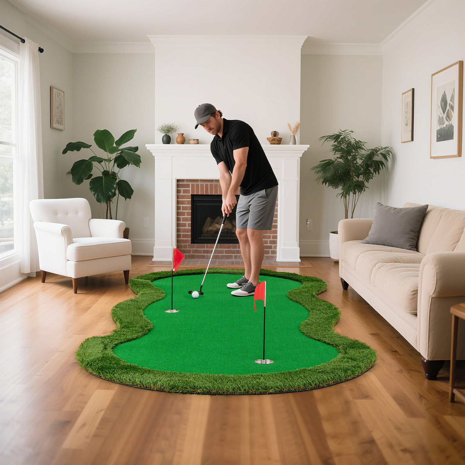 300 x 150 cm Golf Puttingmatten Professionelle Golf-Übungsmatte mit 3 Löchern und Golfbällen für Zuhause Grün