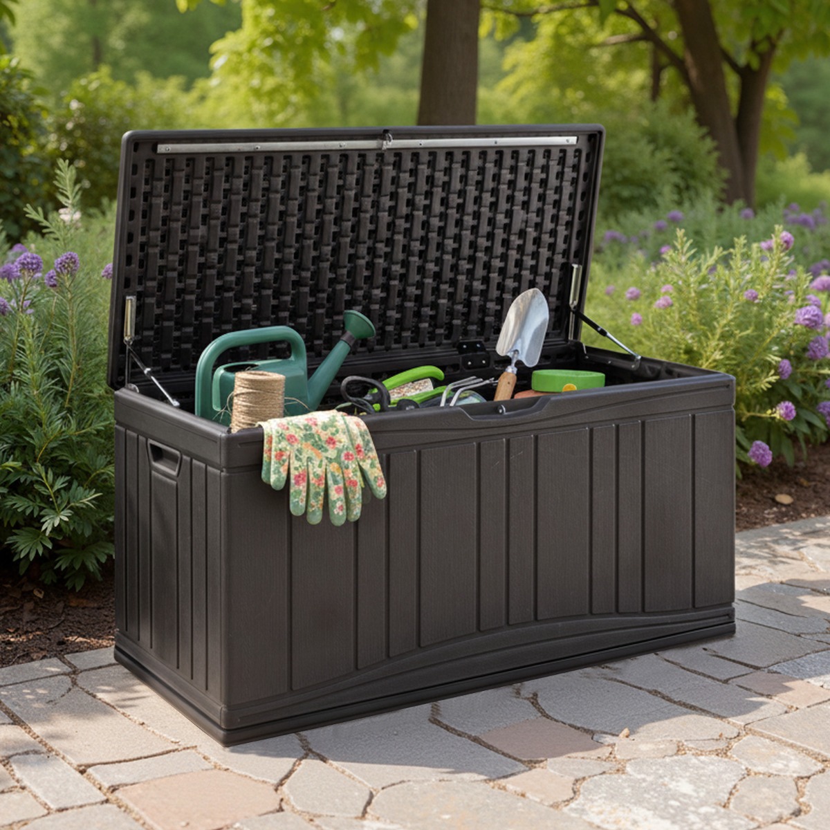 300 L Gartenbox großer HDPE-Aufbewahrungsbox mit Gasdruckfedern & abschließbarem Deckel Braun