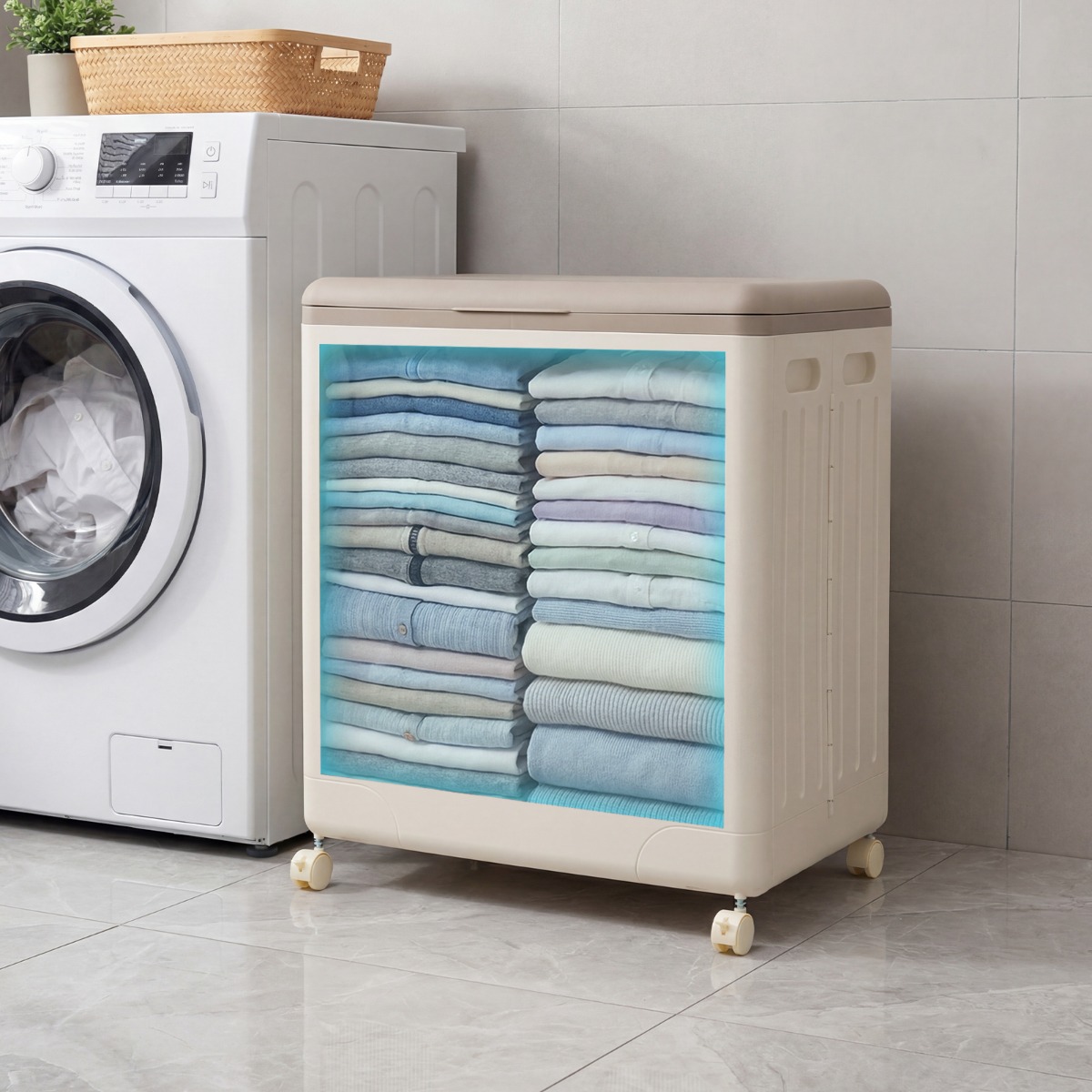 Aufbewahrungsbox für Kleidung mit Deckel und Rollen 45 L rollbarer Wäschekorb Grau