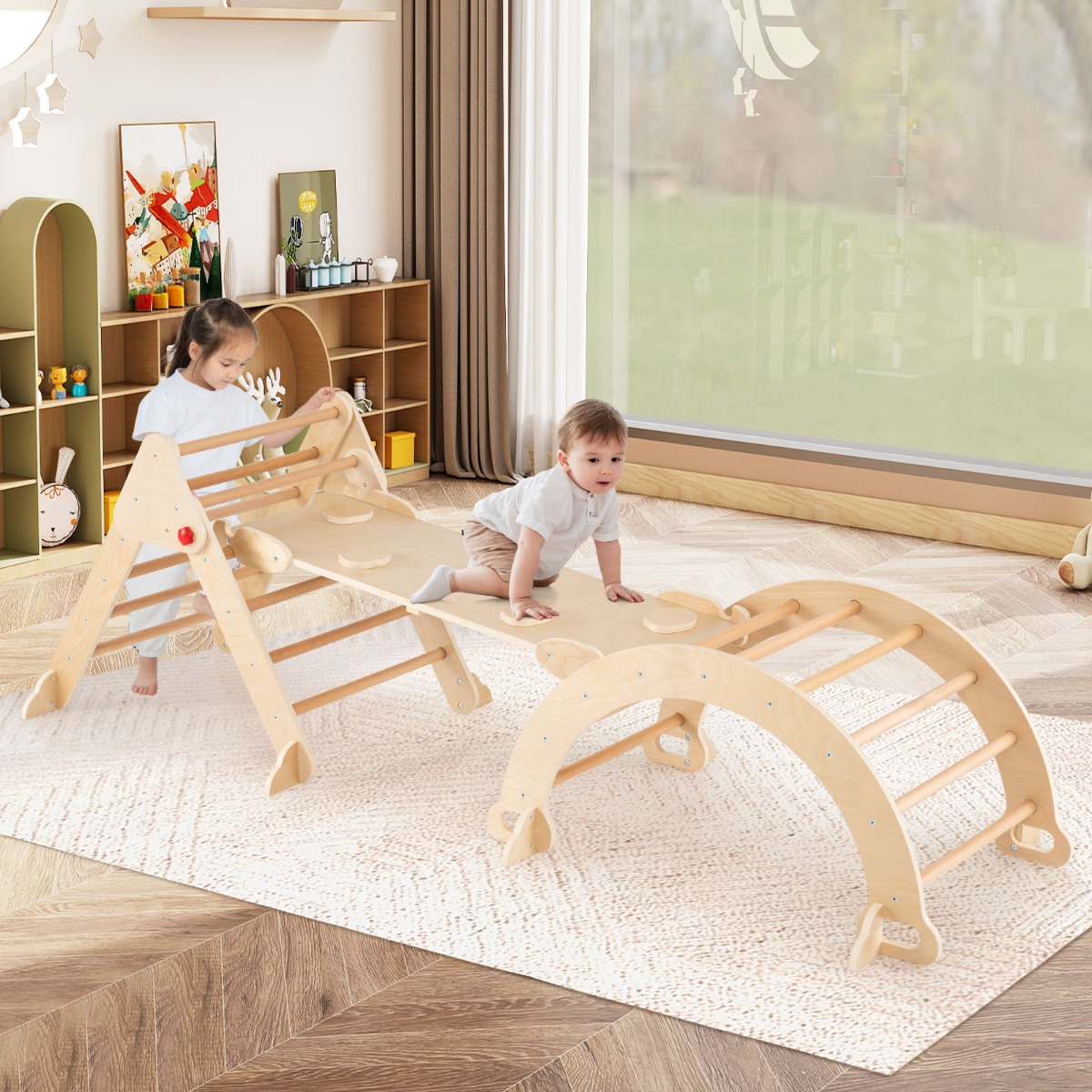 Kletterdreieck mit Rutsche & Kletterbogen Klettergerüst inkl. Doppelseitige Rampe