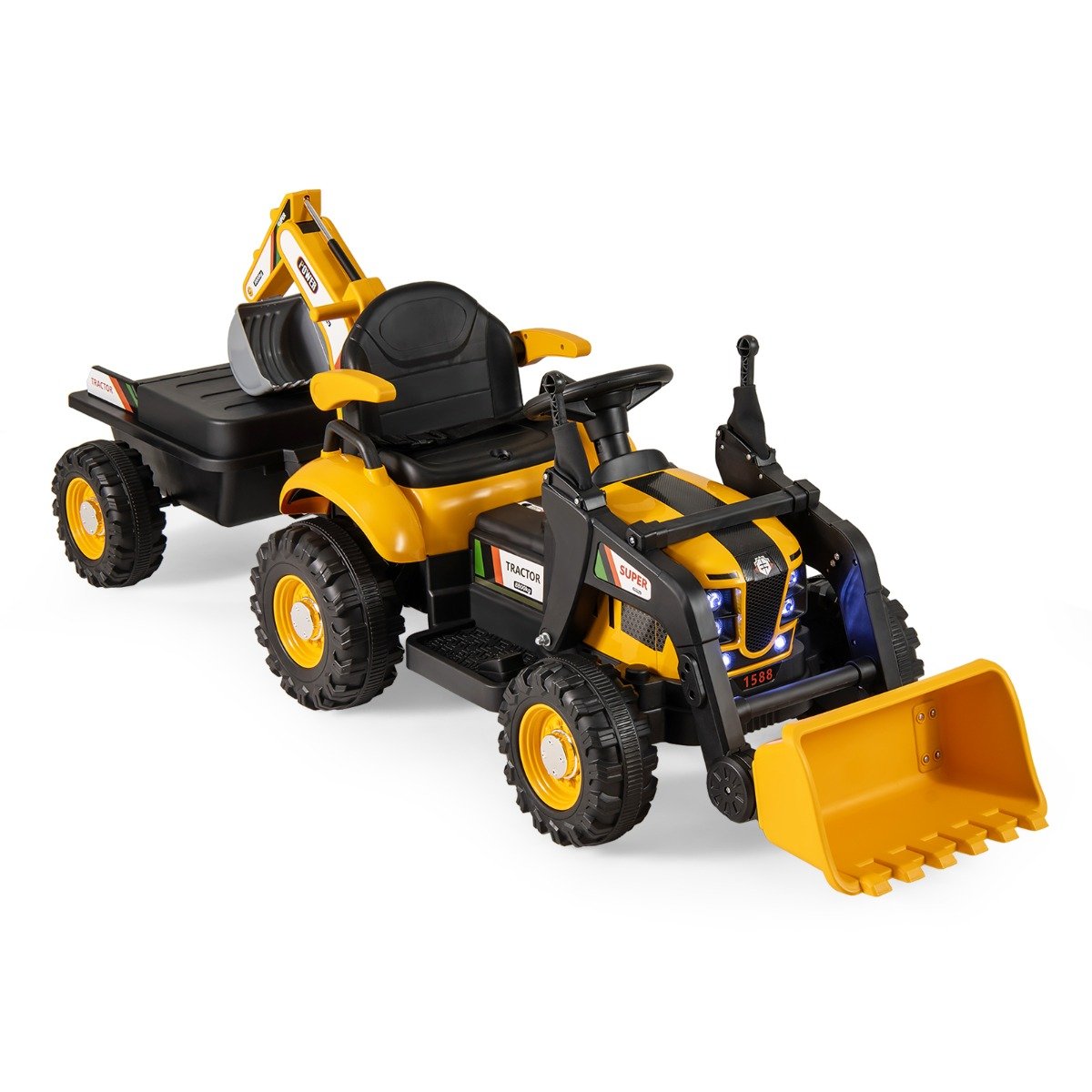 Elektro Traktor mit Anhänger & Schaufel & Fernbedienung 12V Aufsitztraktor Sitzbagger Gelb