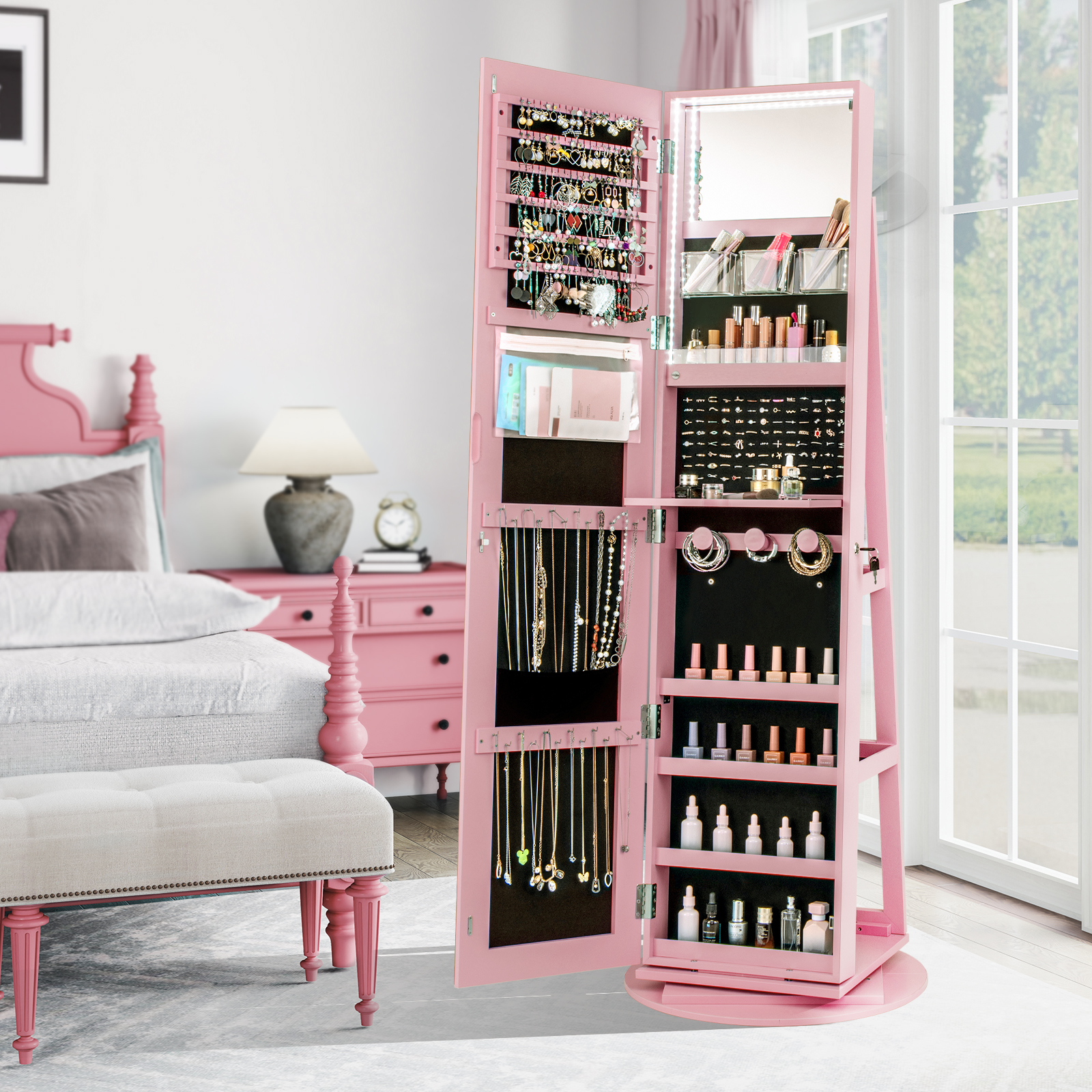 360° Drehbarer Schmuckschrank mit Dreifarbigen LED-Leuchten Freistehender Spiegelschrank Rosa