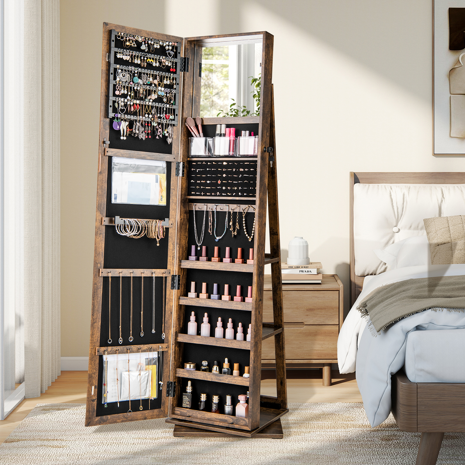 360° drehbarer Schmuckschrank Schmuckorganisator mit Ganzkörperspiegel Rückregalen Spiegelschrank freistehend Vintagebraun