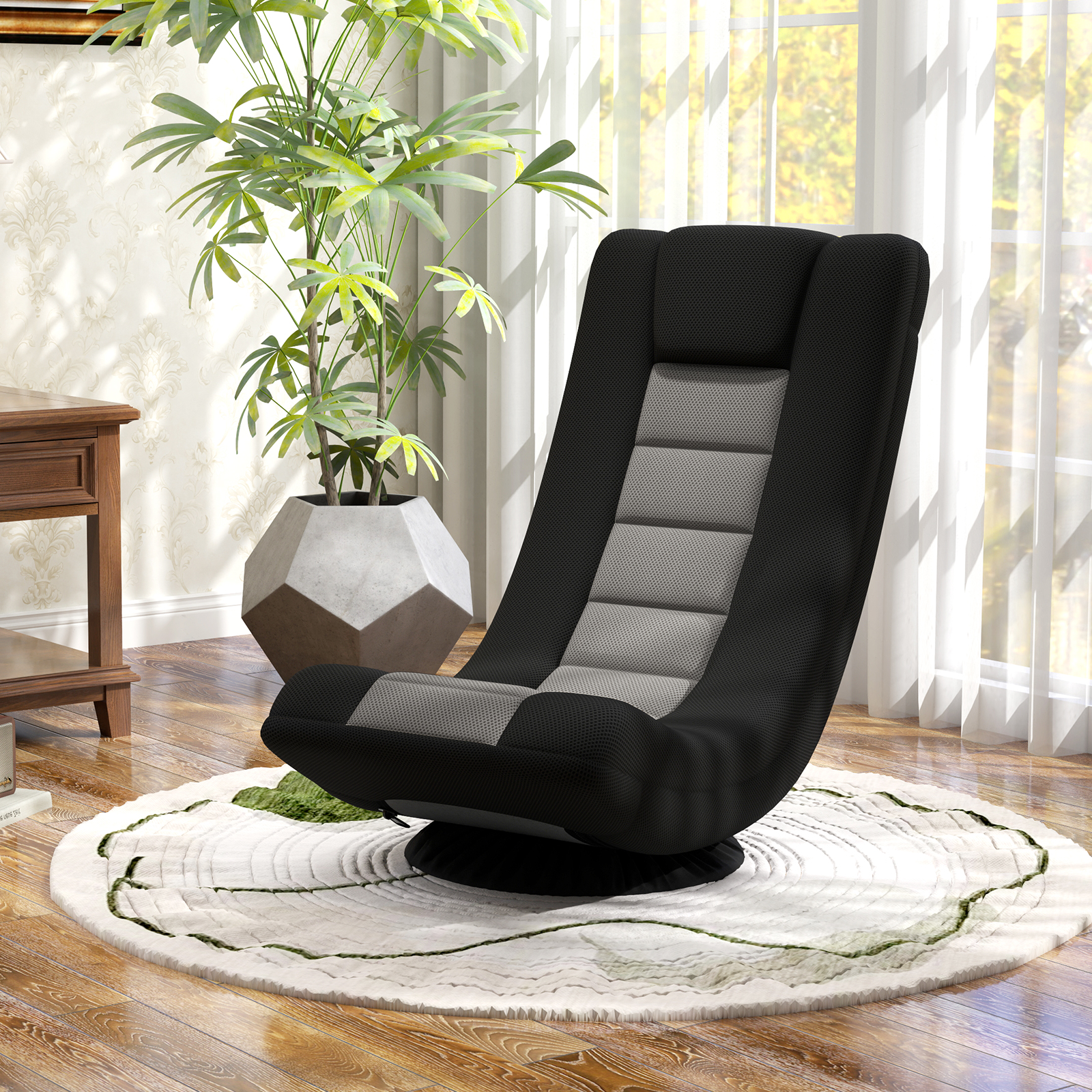 360° Drehbar Gaming Sessel Verstellbar Klappbar Bodensofa Lendenstütze Indoor Grau Schwarz