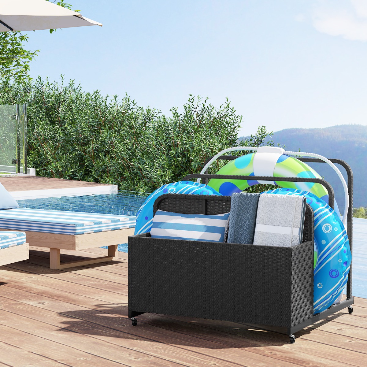 Pool Aufbewahrungskorb mit Rollen PE Rattan Aufbewahrungsbehälter für Schwimmhilfen Schwarz