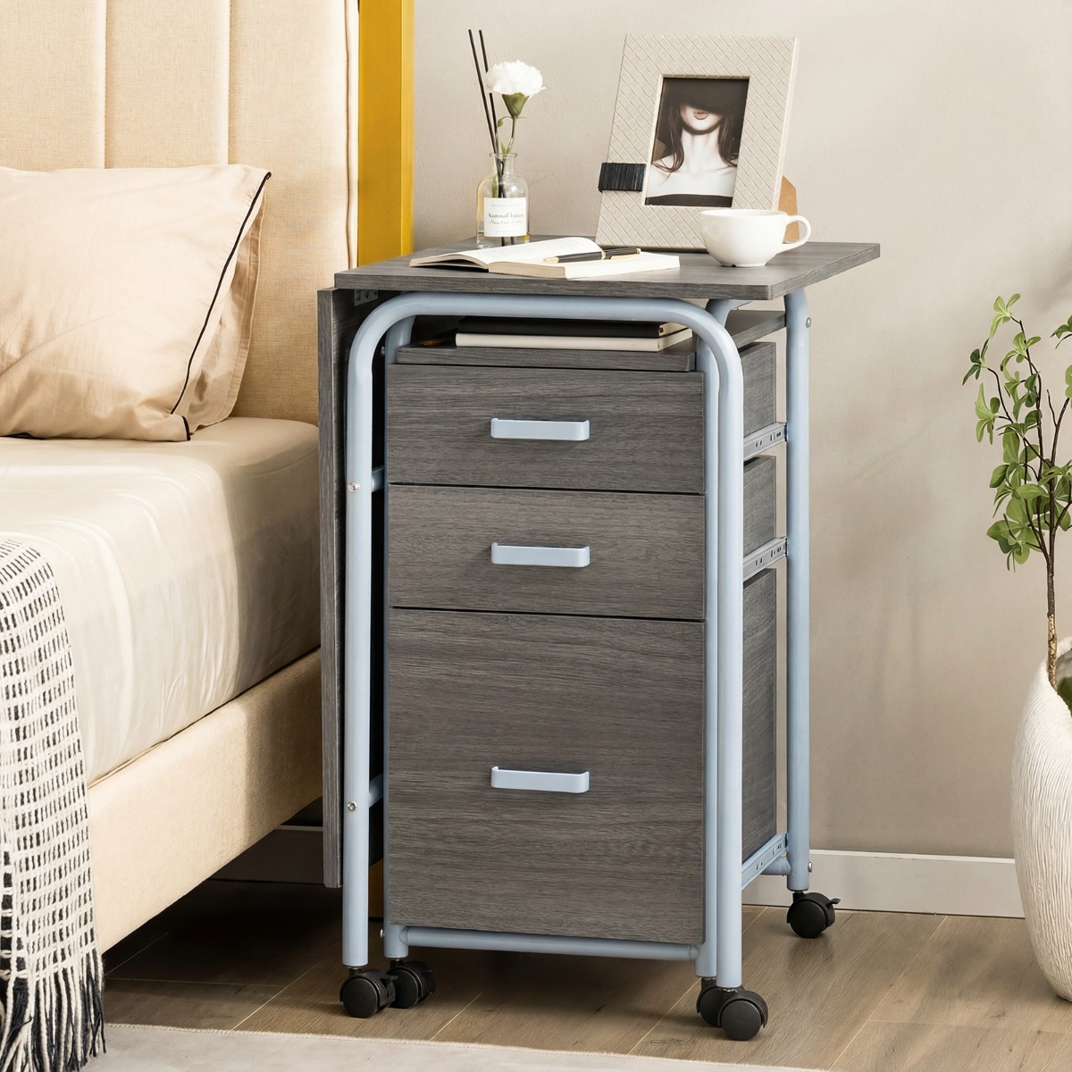 Klappbarer Computertisch mit 3 Schubladen & Rollen Platzsparender Schreibtisch Bürotisch Grau