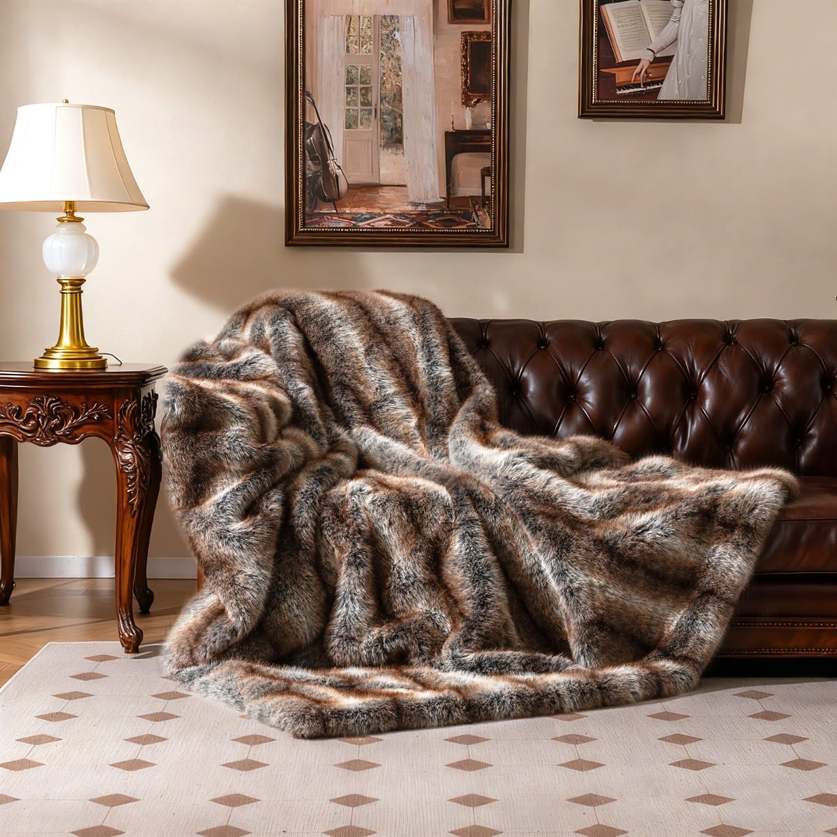 Fluffige Kunstfell-Wohndecke weicher Plüsch kuschelige Kunstmarderfell-Decke Braun-Taupe  153 x 203 cm