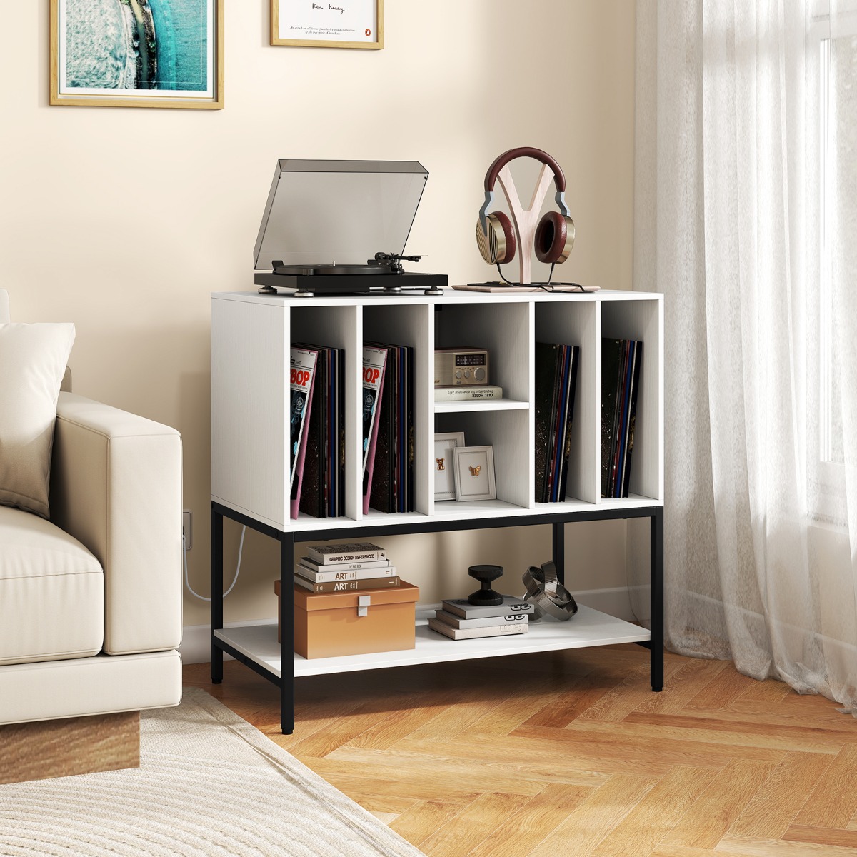 Plattenspielerständer mit Ladestation & Vinyl-Aufbewahrung Beistellschrank Vinyl-Display Regal Weiß