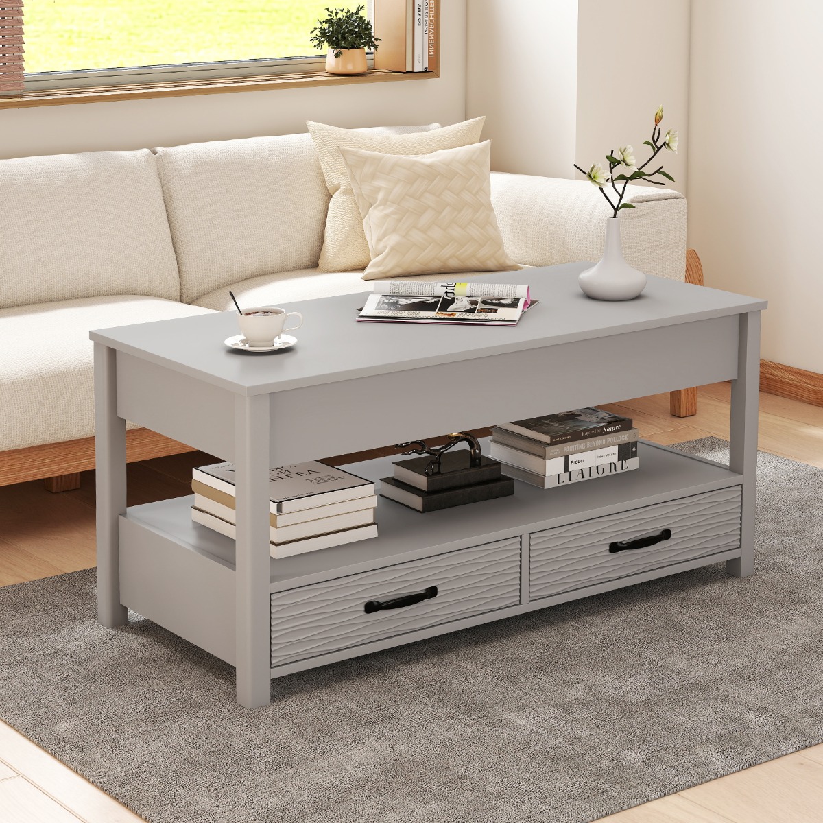 Höhenverstellbarer Couchtisch mit Anhebbarer Tischplatte & 2 Schubladen Sofatisch Kafeetisch