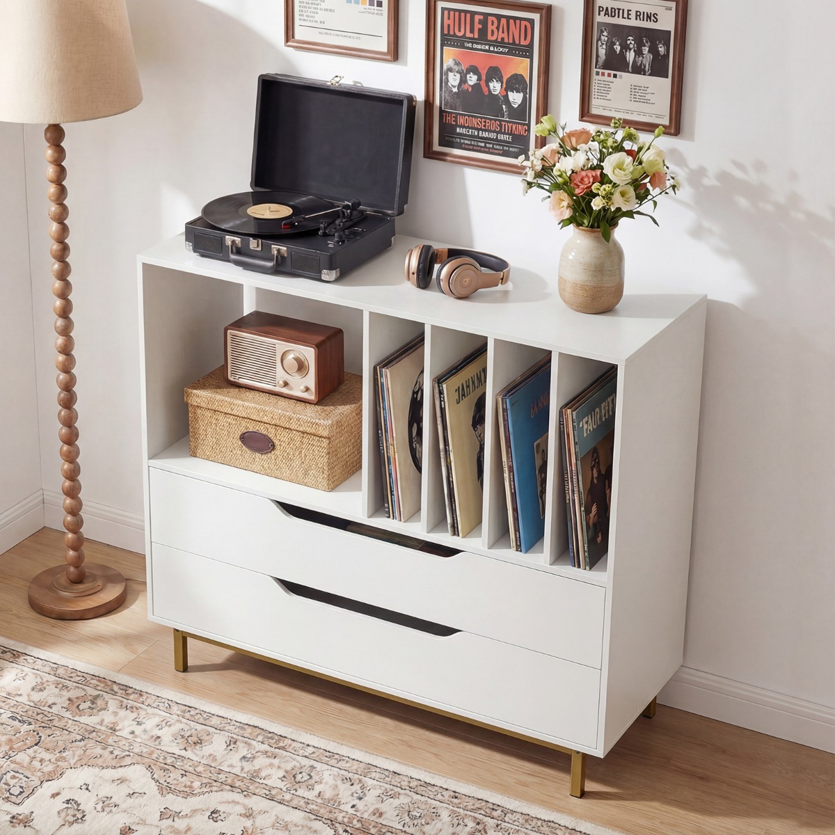 Plattenspieler-Ständer mit 4 Vinyl-Fächern & 2 Schubladen Retro Vinyl Halterung Weiß