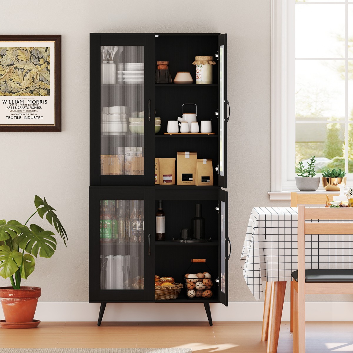 Küchenschrank hoch 178,5 cm Küchenregal mit 4 transparenten Türen & verstellbares Regal Schwarz