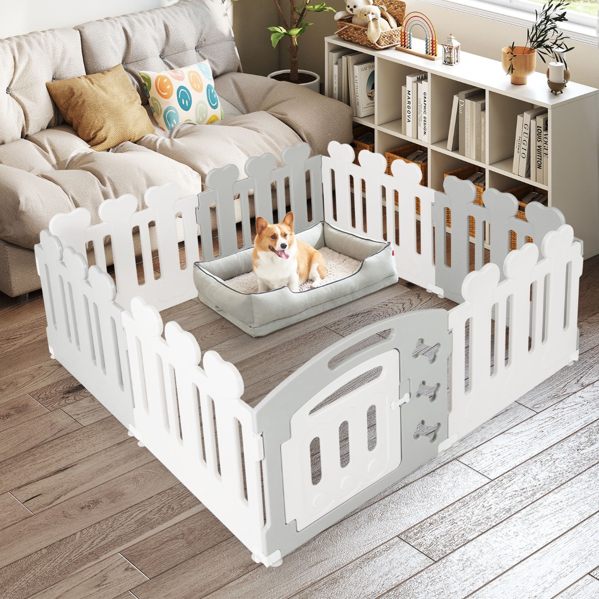 8-Panel Haustierlaufstall Haustier-Übungsstift Haustier-Zaun für Haustiere bis zu 35 cm Höhe Grau