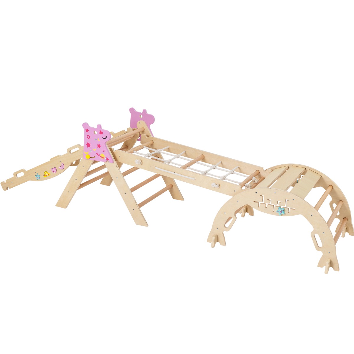 4er Set Klettergerüst mit Rutsche & Kletterbogen & Netz Klappabres Kletterdreieck Natur