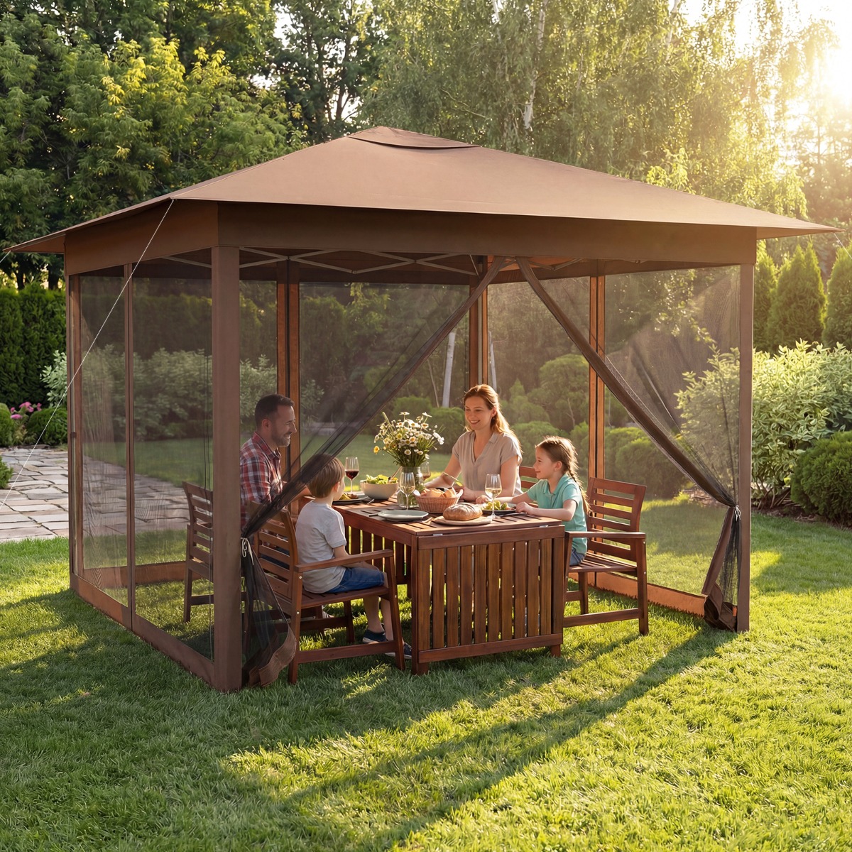 3,5 x 3,5 M Pavillon One Push Höhenverstellbar mit Moskitonetz Doppeldach Tasche für Garten Camping Braun
