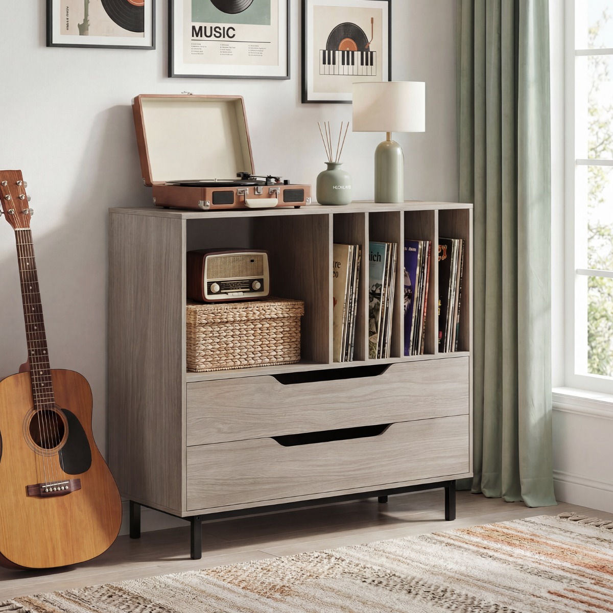 Plattenspieler-Ständer mit 4 Vinyl-Fächern & 2 Schubladen Retro Vinyl Halterung Grau