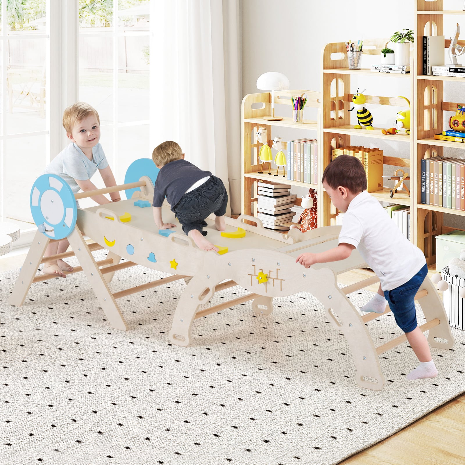 3er Set Klettergerüst mit Rutsche & Kletterbogen & Baustein Set Klappabres Kletterdreieck Natur