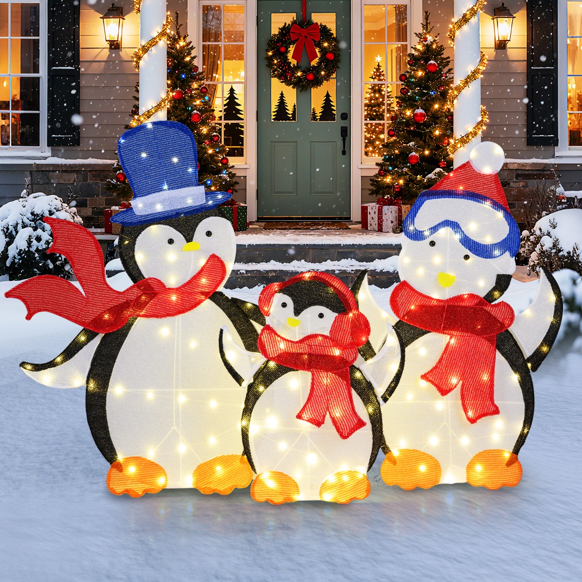 3 tlg. LED Pinguin Familie mit 160 Warmweißen LED-Lichtern & Schals Beleuchtete Weihnachtsdeko