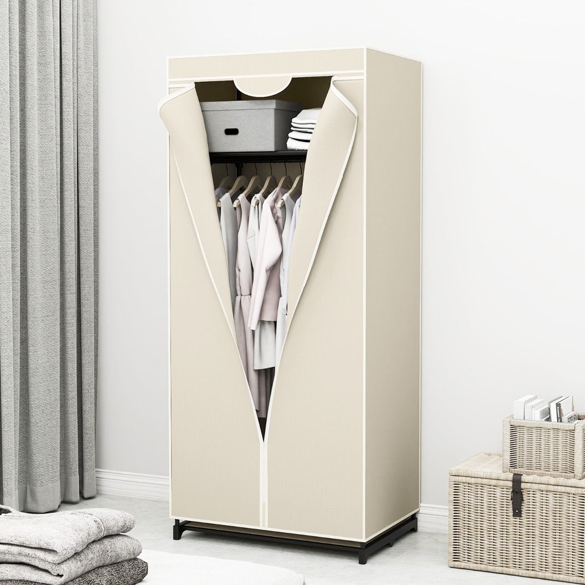 Stoff Kleiderschrank mit Kleiderstange & Ablage Stoffschrank Faltschrank Stoffkleiderschrank Beige