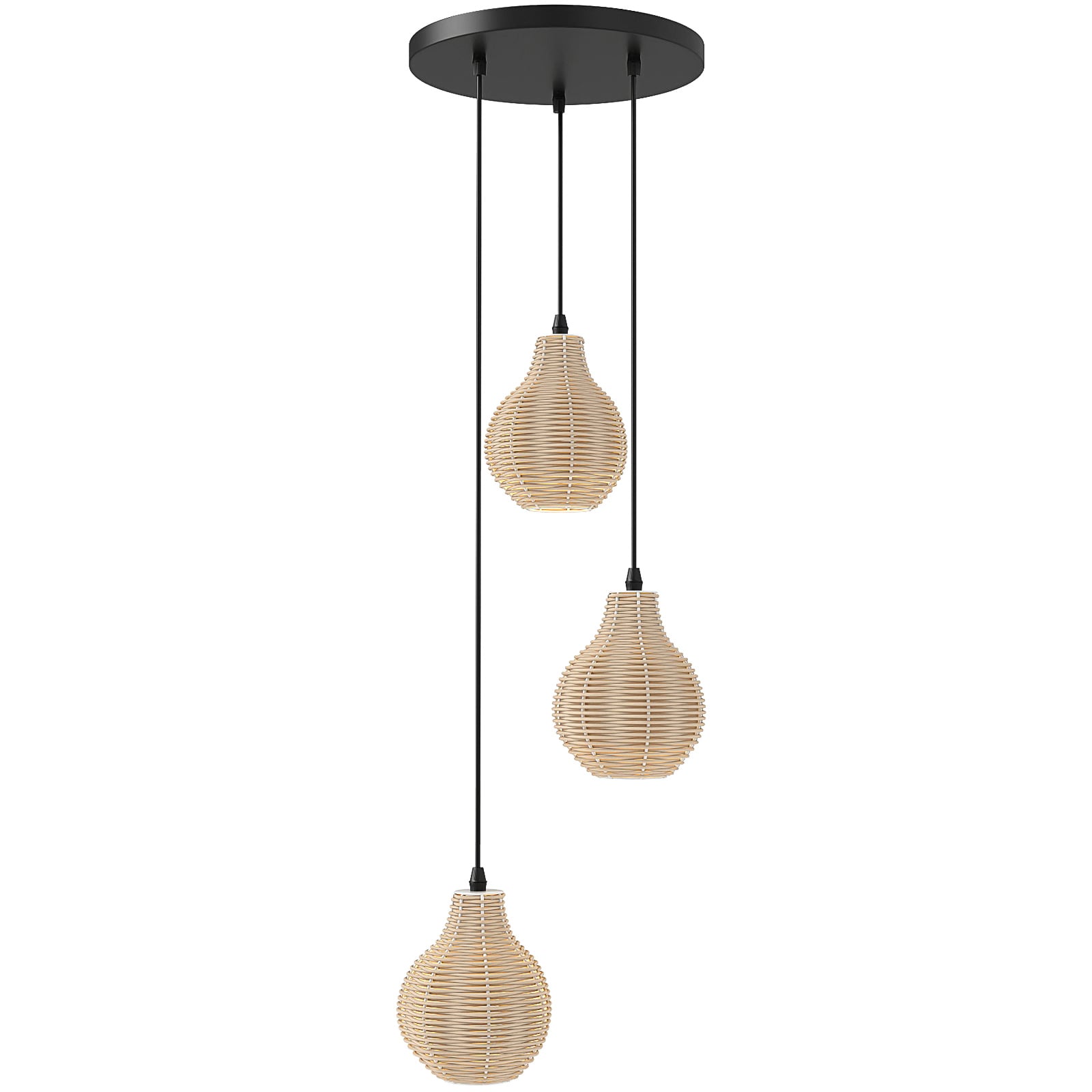 3-flammige Boho Rattan Hängeleuchte handgewebter natürlicher Korb-Kronleuchter mit verstellbarer Höhe Beige