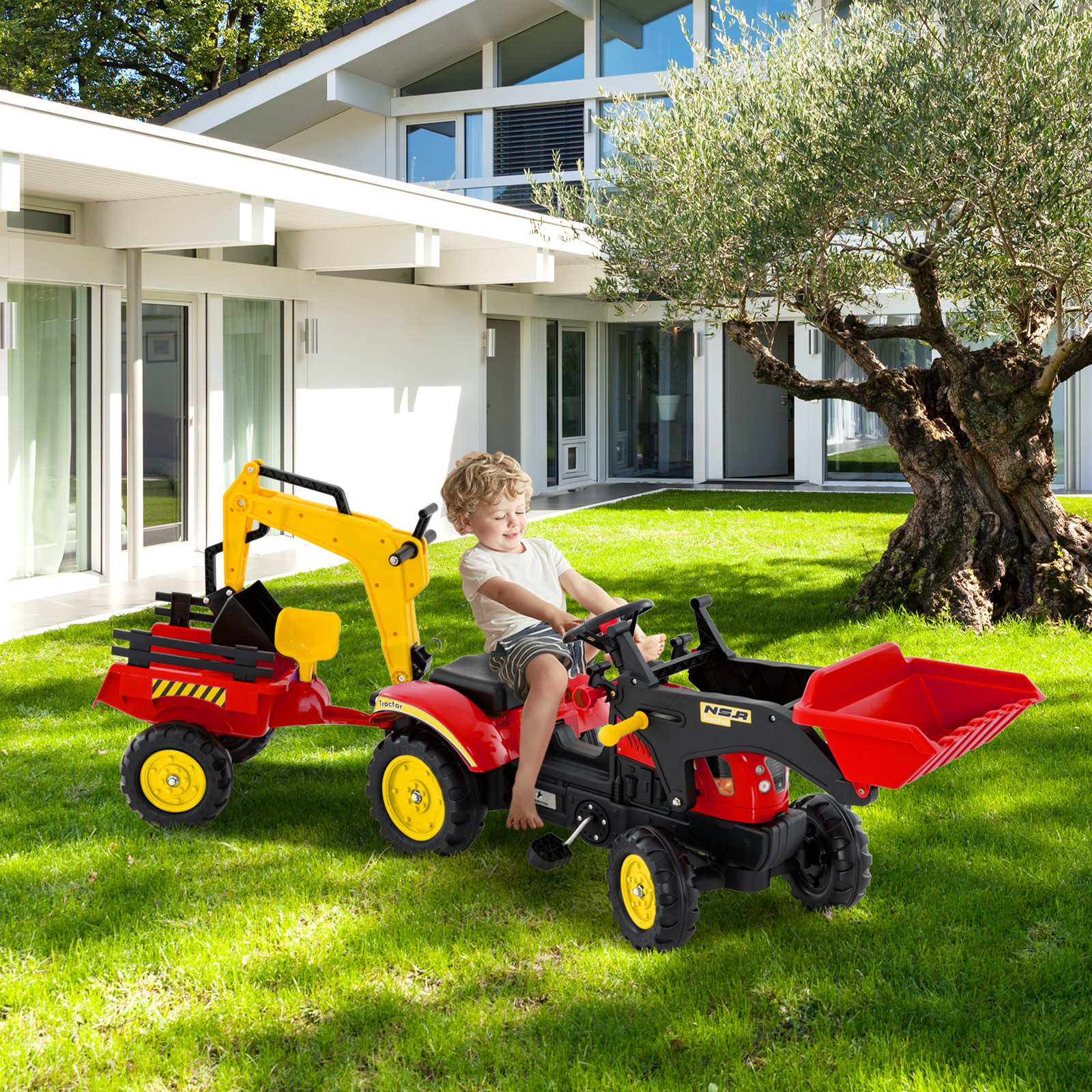 3-in-1-Aufsitzbagger für Kinder Bulldozer mit 6 Rädern abnehmbarem Anhänger & Grabschaufel Spielzeugbagger Rot