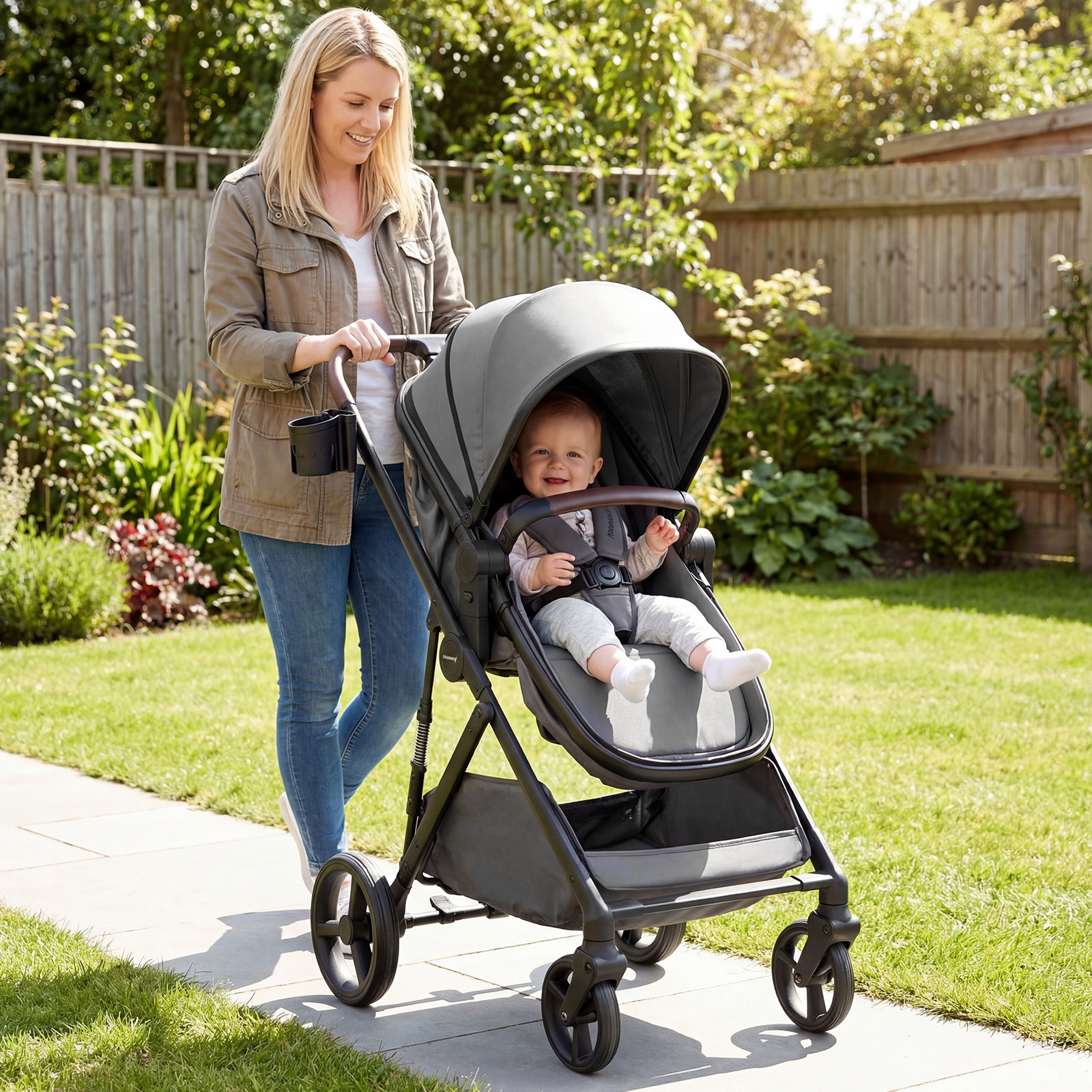 3 in 1 Faltbare Kinderwagen mit Umkehrbarem Sitz & Liegefunktion Reisebuggy Kombikinderwagen Grau