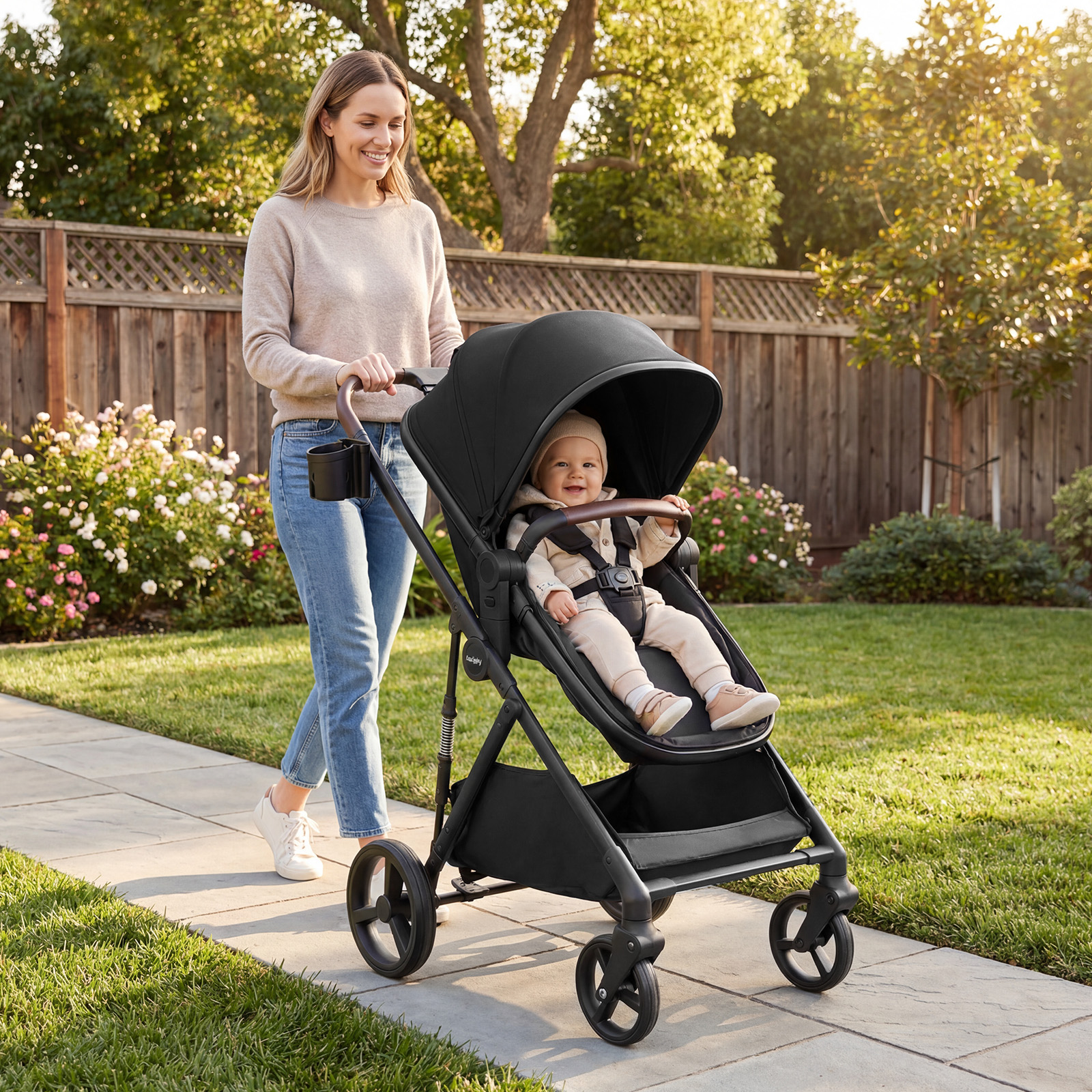 3 in 1 Faltbare Kinderwagen mit Umkehrbarem Sitz & Liegefunktion Reisebuggy Kombikinderwagen Schwarz