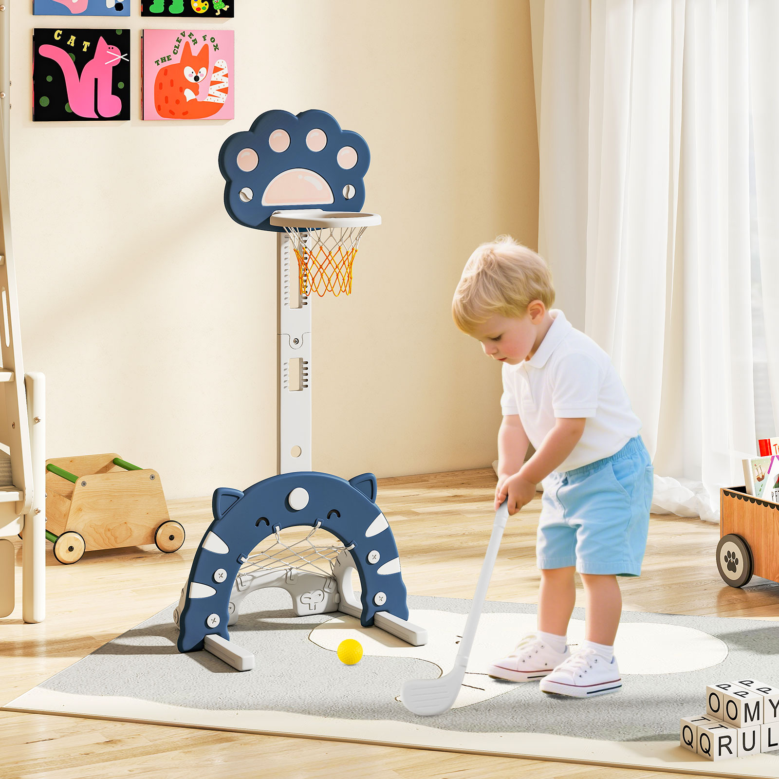 3 in 1 Kinder Basketballkorb mit Basketball & Fußball & Golfspiel Basketballständer Blau