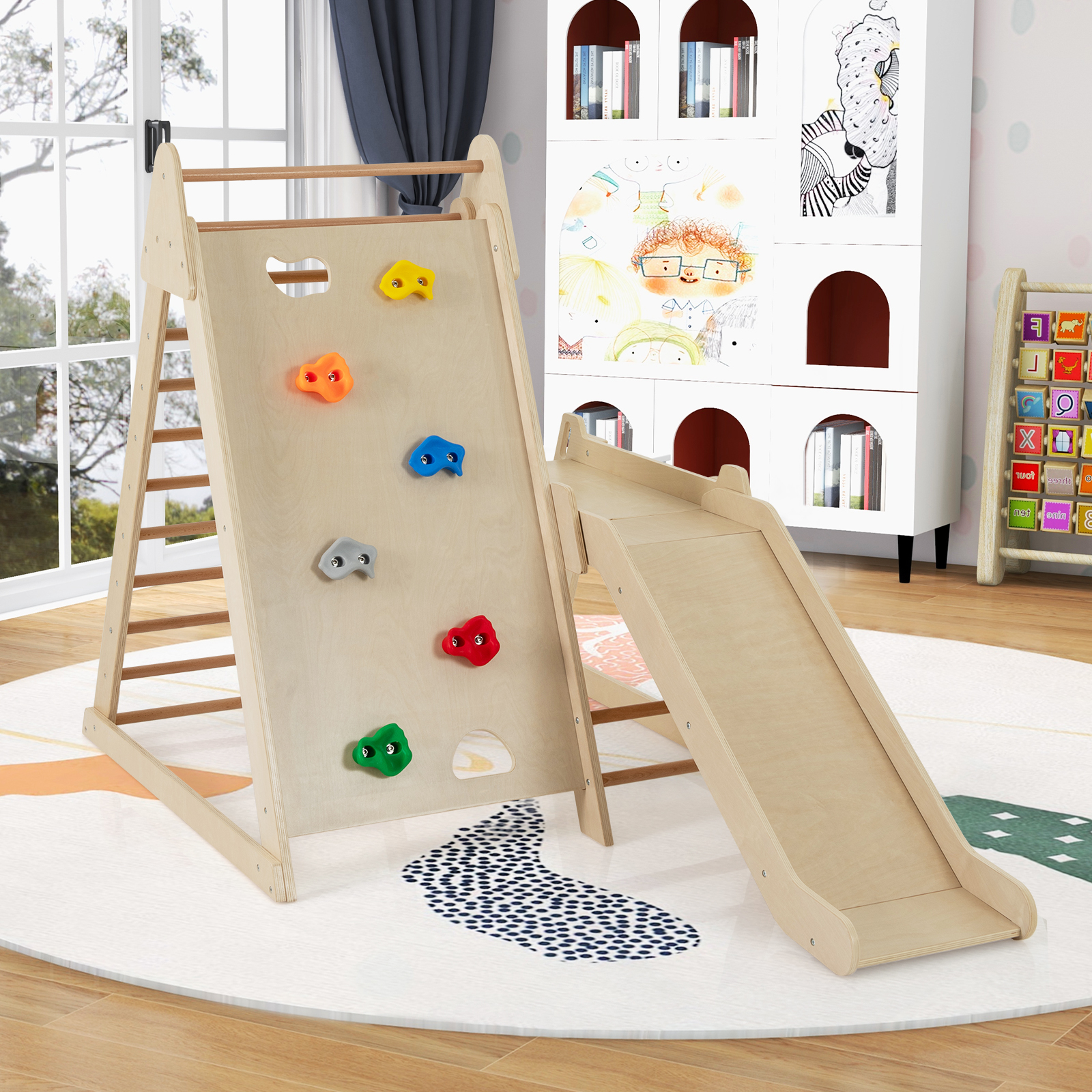 3 in 1 Kletterleiter & Kletterwand & Rutsche Indoor Klettergerüst zum Klettern & Rutschen Natur